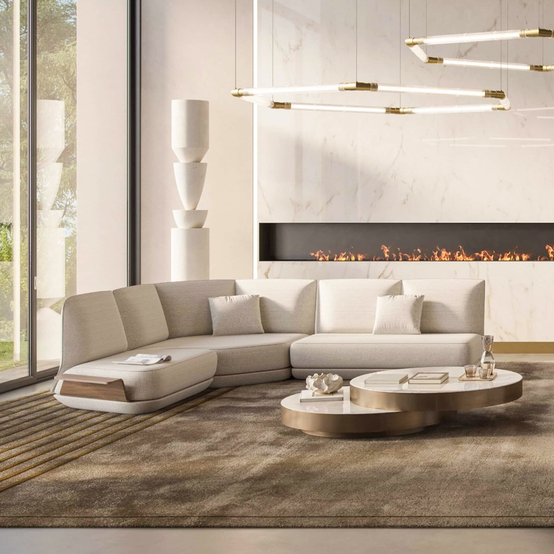 Reflex Orizzonte Modular Sectional Sofa in a modern living room with fireplace and neutral tones.