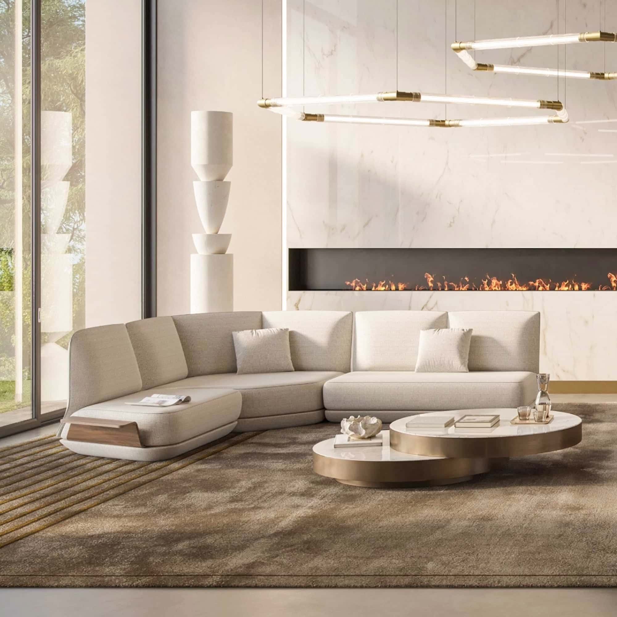 Reflex Orizzonte Modular Sectional Sofa in a modern living room with fireplace and neutral tones.