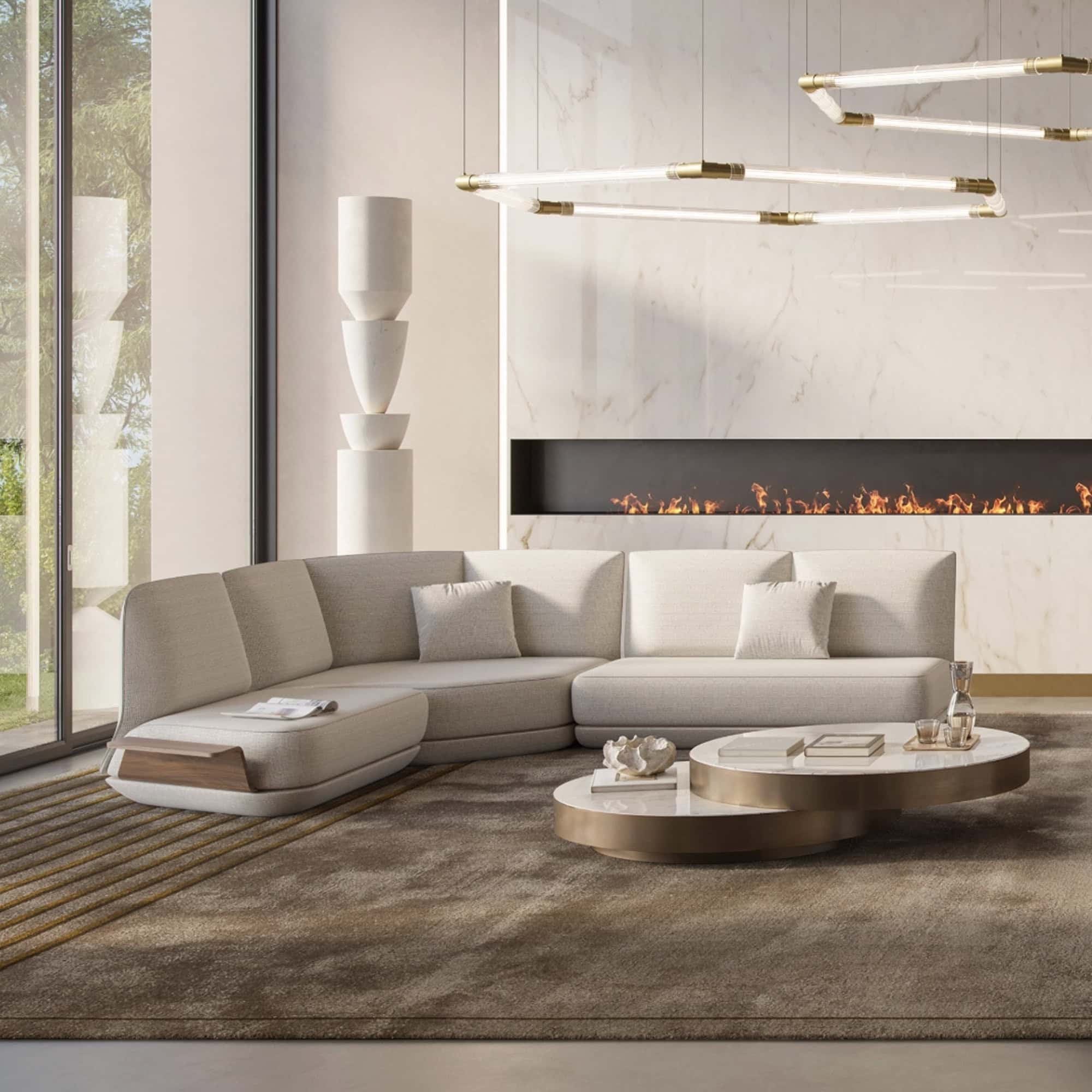 Reflex Orizzonte sectional sofa in a modern living room with fireplace and neutral tones.