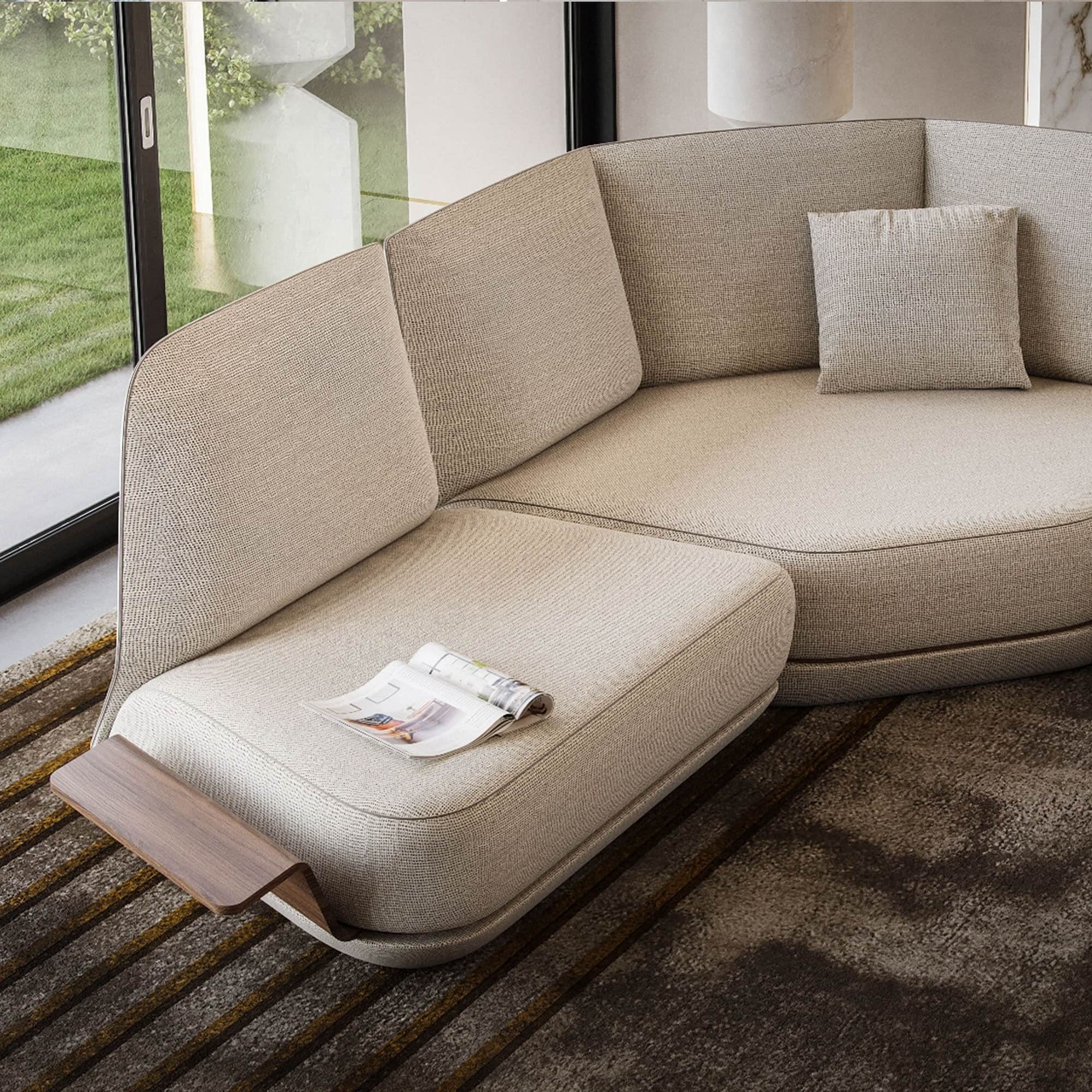 Reflex Orizzonte sofa with chaise lounge in a light-filled interior setting.