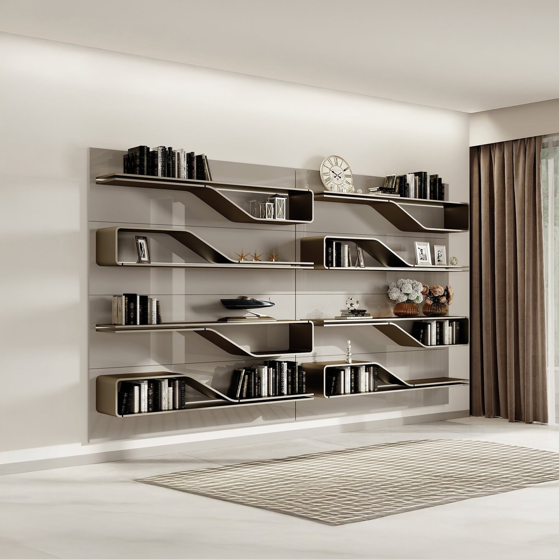 Full room view of the Segno Bookcase in a light finish, styled with books and décor against a modern wall.