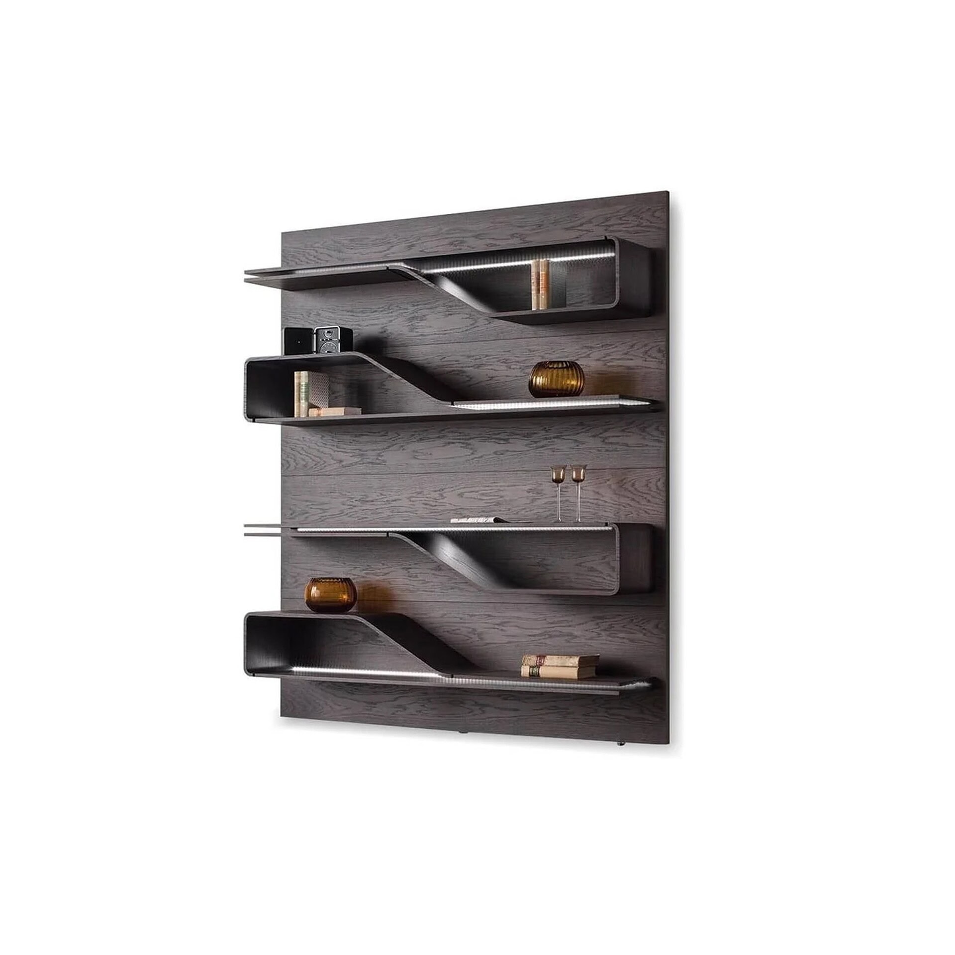 Compact four-shelf Segno Bookcase in dark wood with integrated LED lighting.