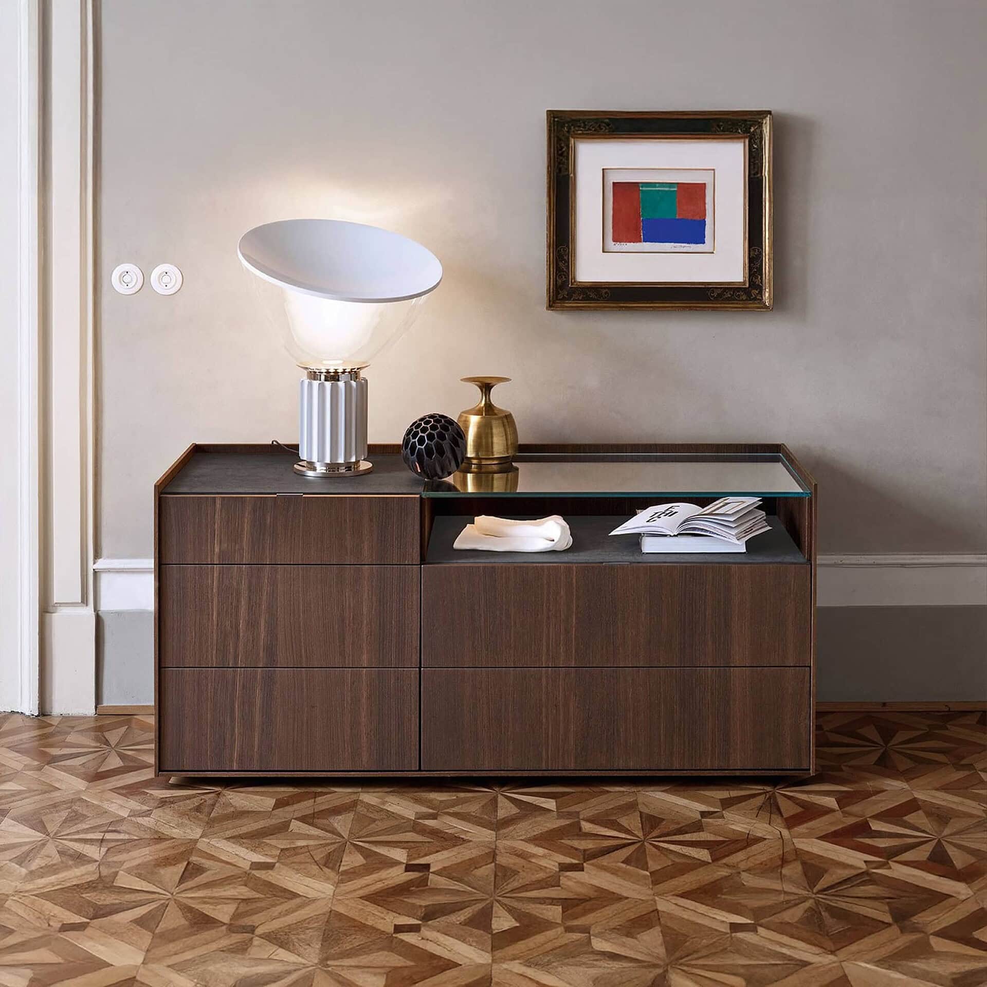 San Giacomo Cabaret Glass Dresser in walnut wood finish, featuring spacious drawers and glass top