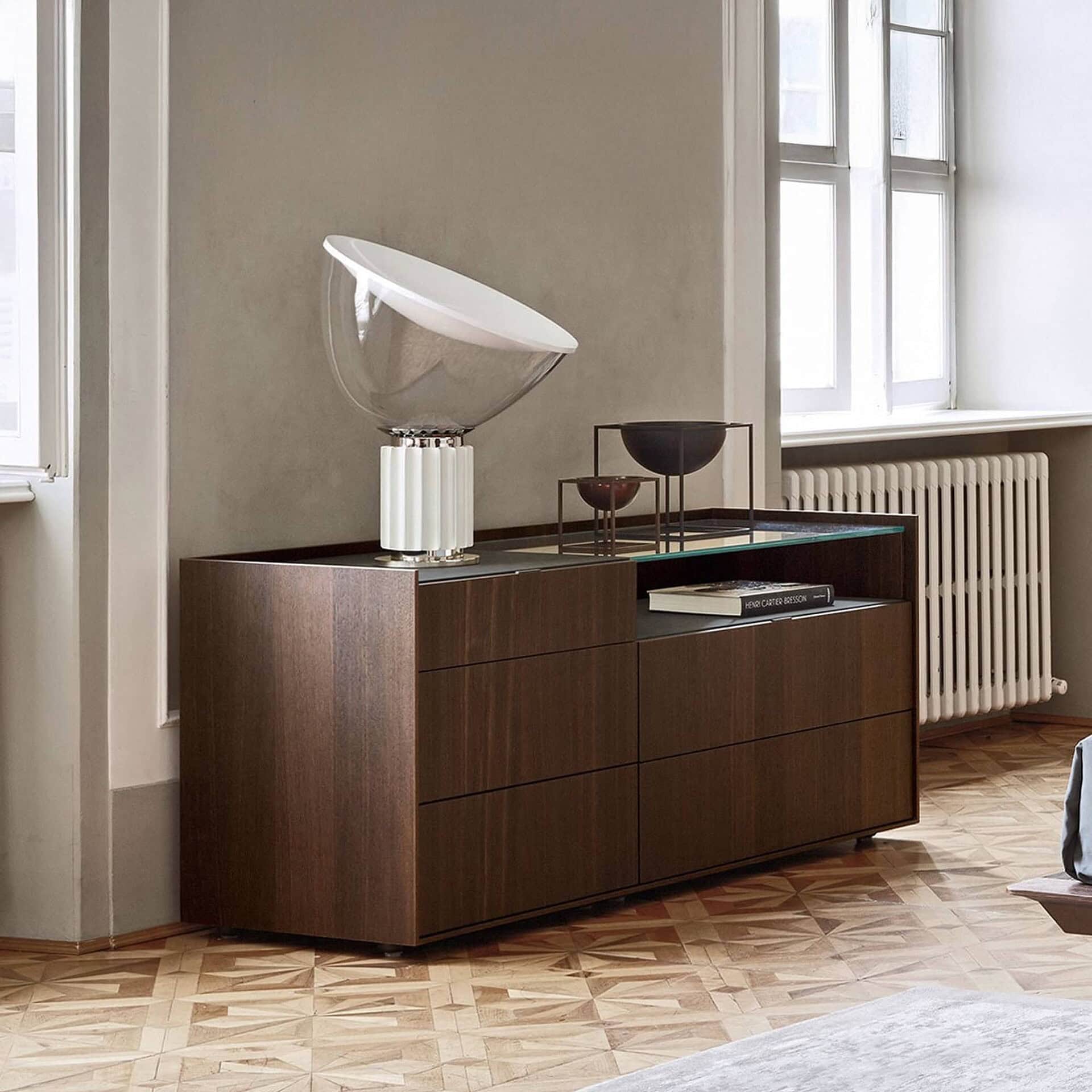 Side view of San Giacomo Cabaret Glass Dresser in brown wood finish with glass top