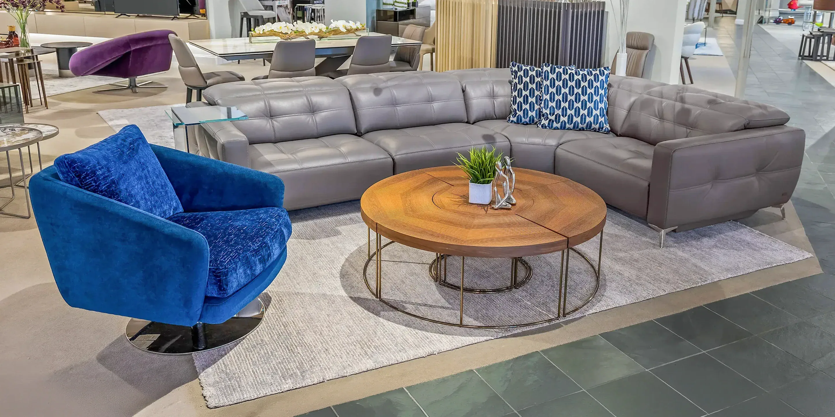showroom-vignette-aug-25-living-room Comfortable sectional sofa with modern design in a stylish showroom setting.