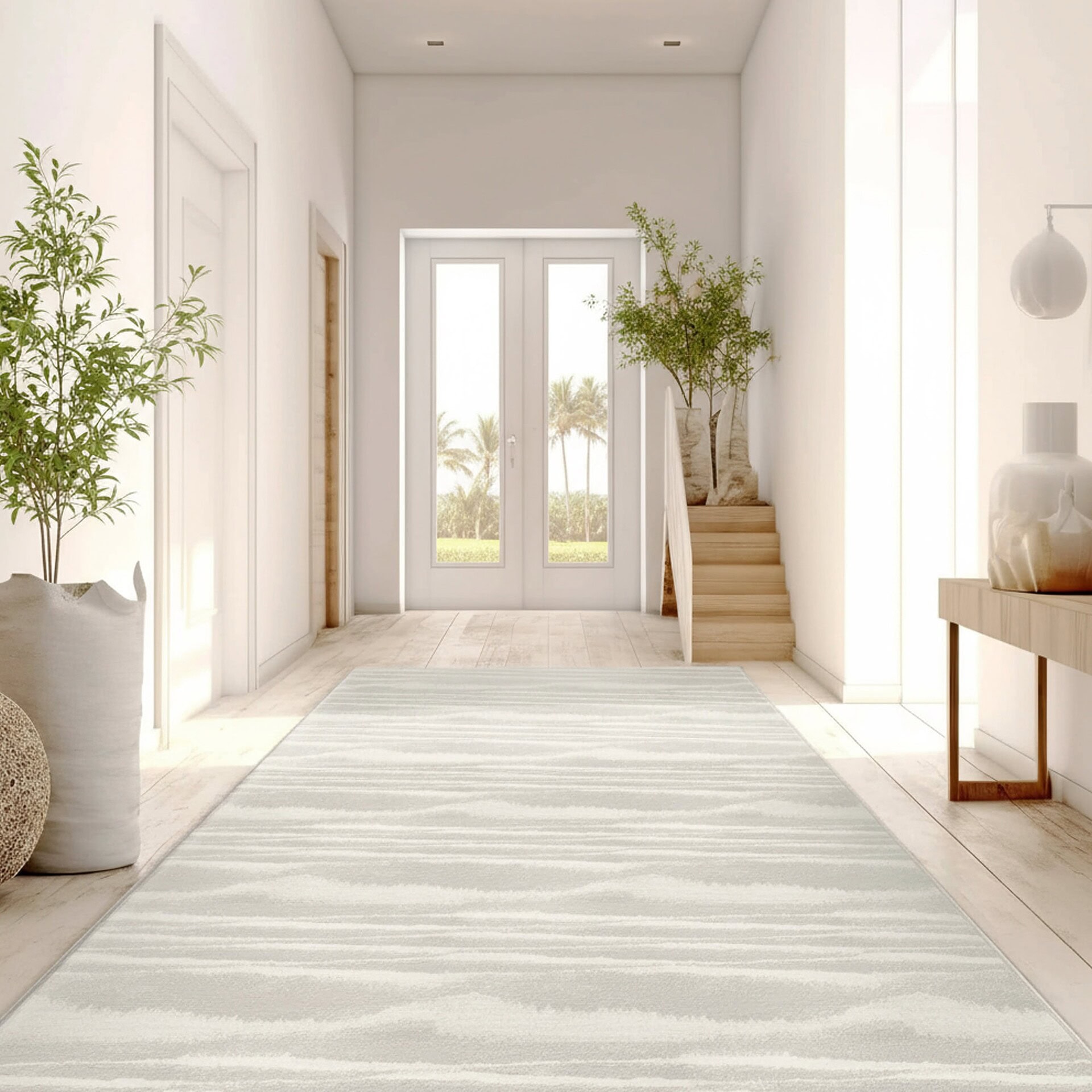 Stanton Vanishing Point Abstract Meadow Carpet in hallway interior – neutral woven pattern from the Illusionist Collection.