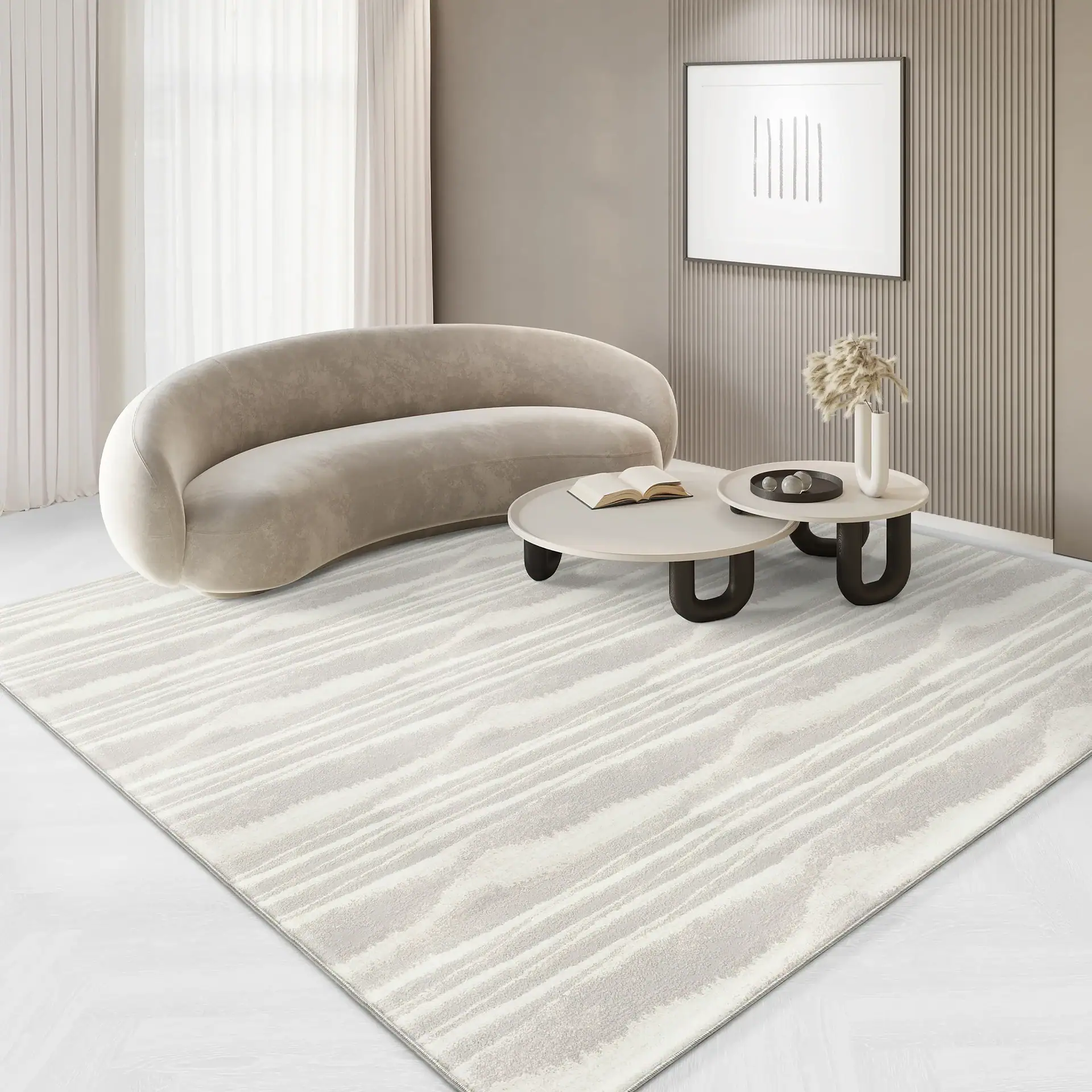 Contemporary beige sofa with unique coffee table in minimalist living room.