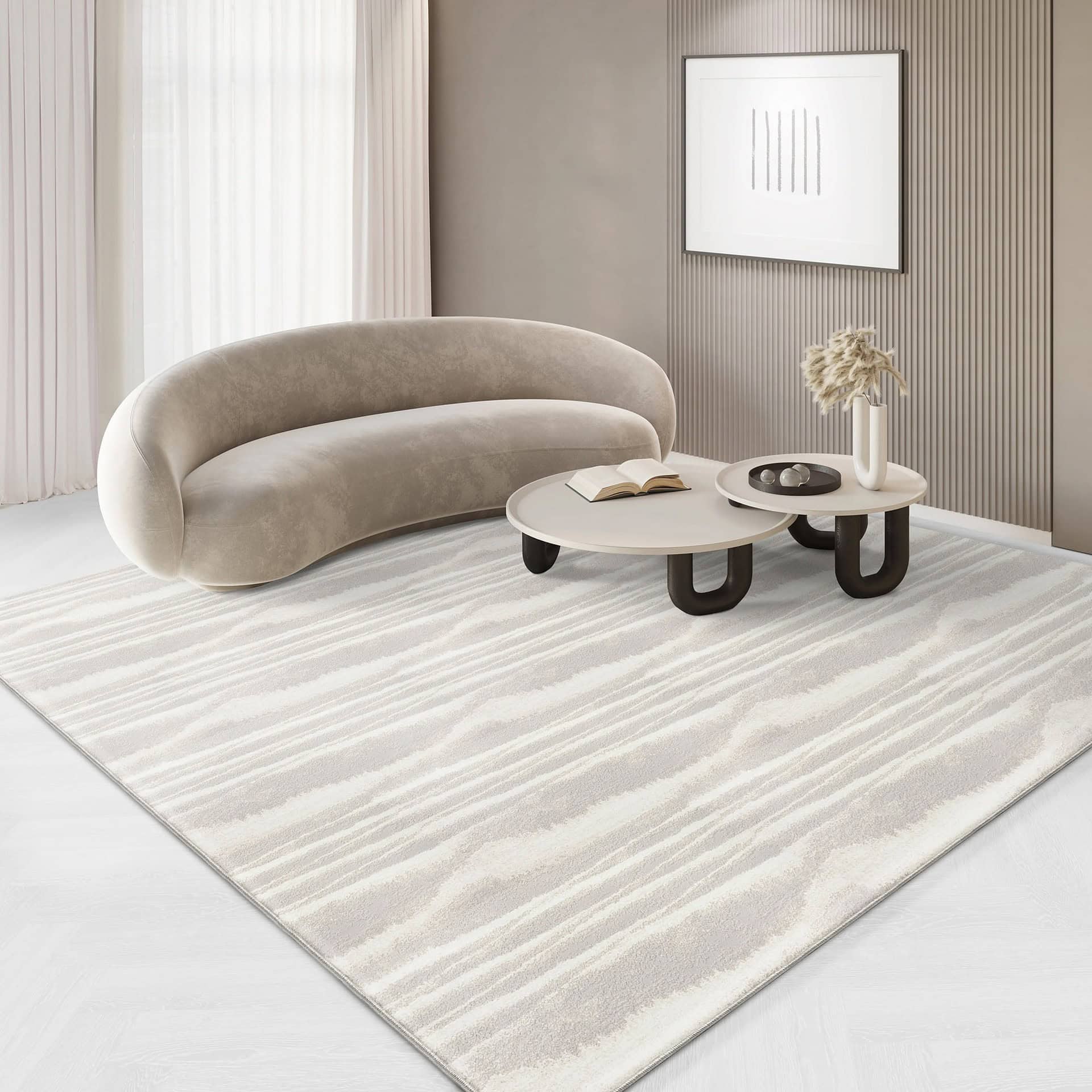Vanishing Point Abstract Meadow Carpet by Stanton styled with modern curved sofa – soft neutral tones with subtle pattern.