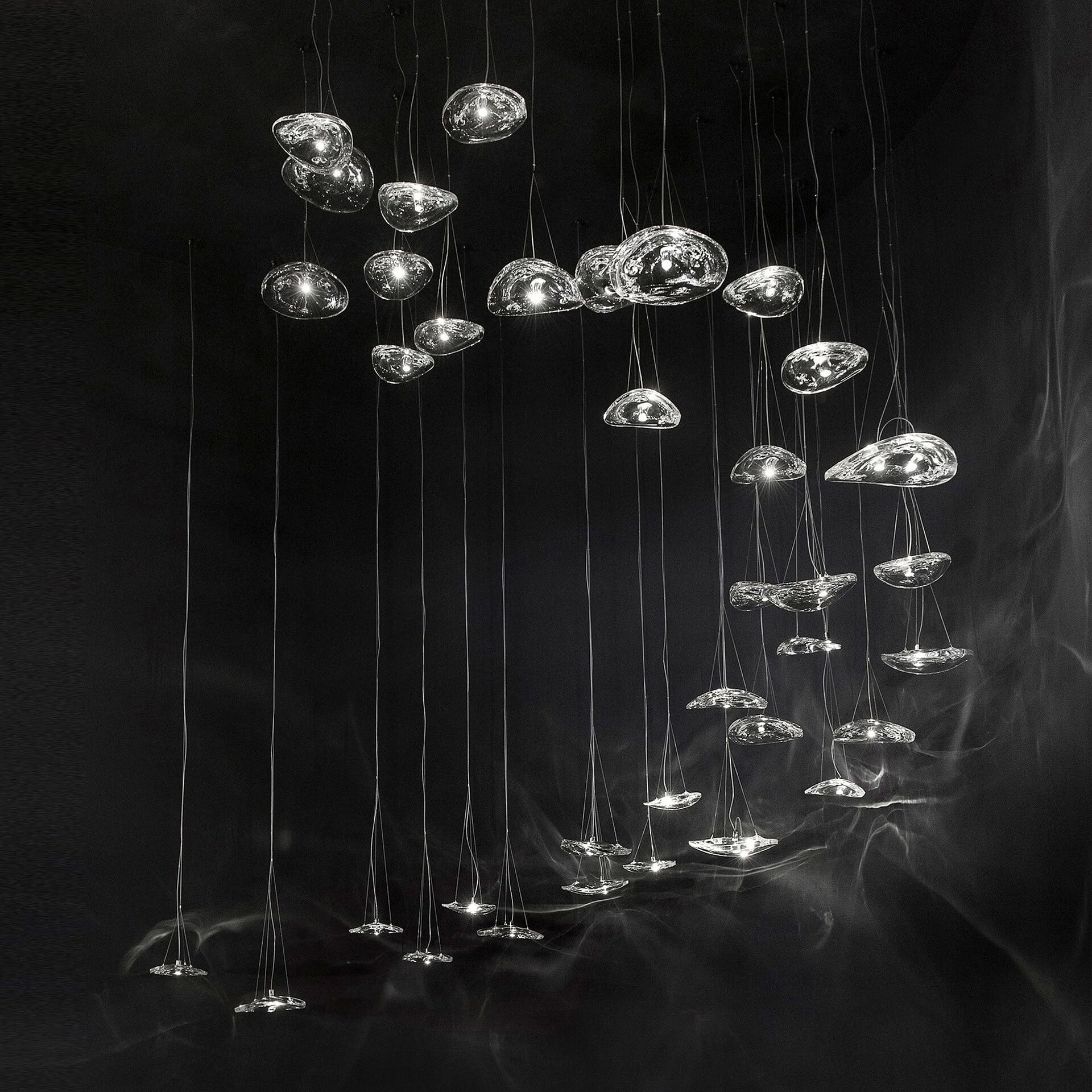 Terzani Manta Crystal Pendant Light installation with multiple crystal pendants in a dramatic spiral arrangement.