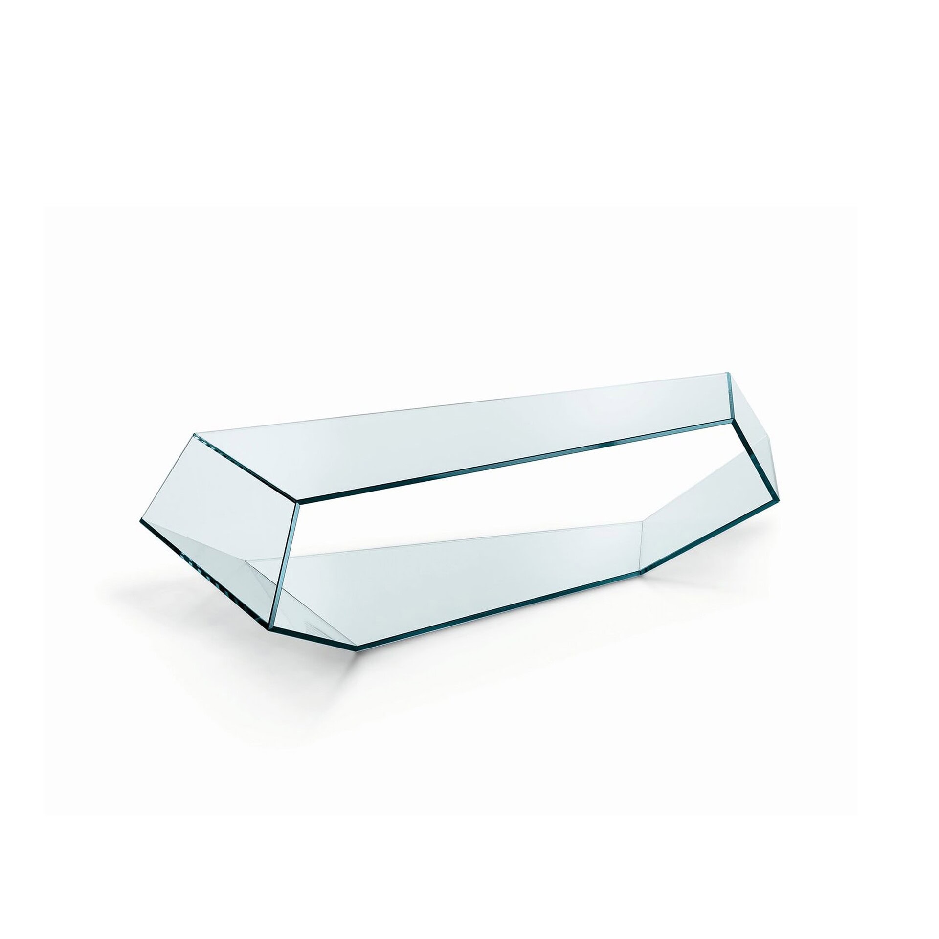 Studio shot of Dekon 2 Low Table in extra clear glass, isolated on white background.