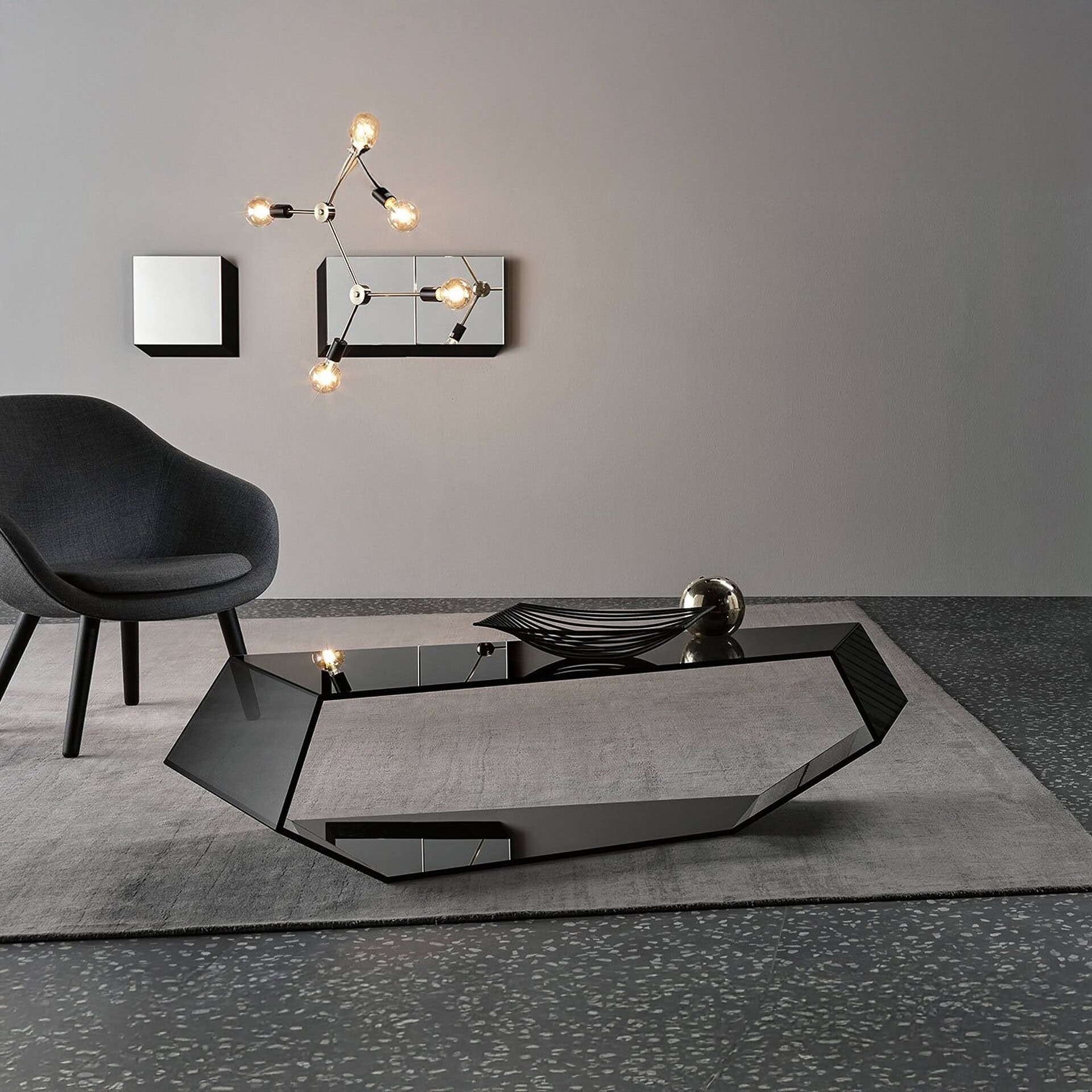 Dekon 2 Low Table in a dark-toned living room with minimalist décor.