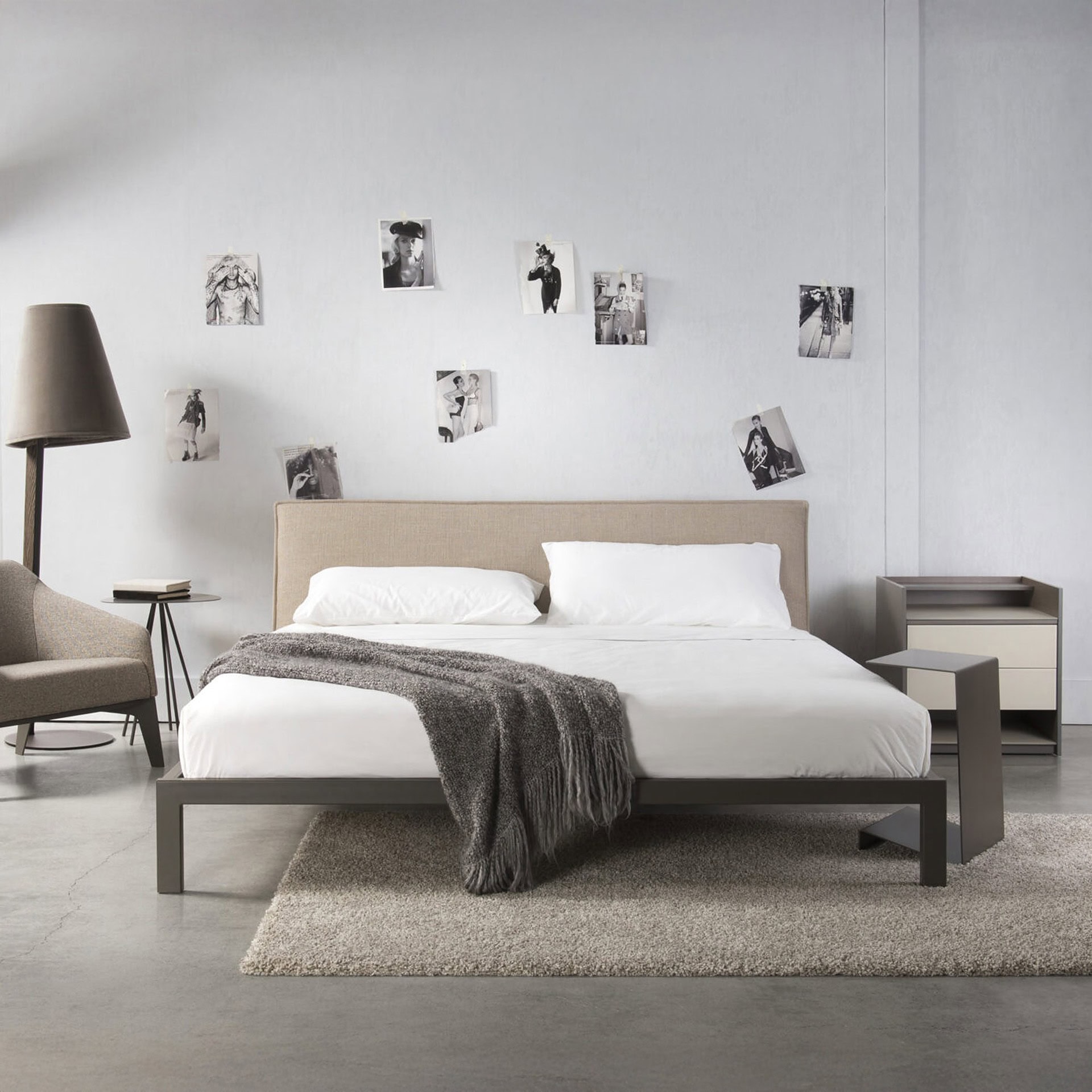 Trica Dream Bed in modern bedroom setting with upholstered headboard and minimalist frame