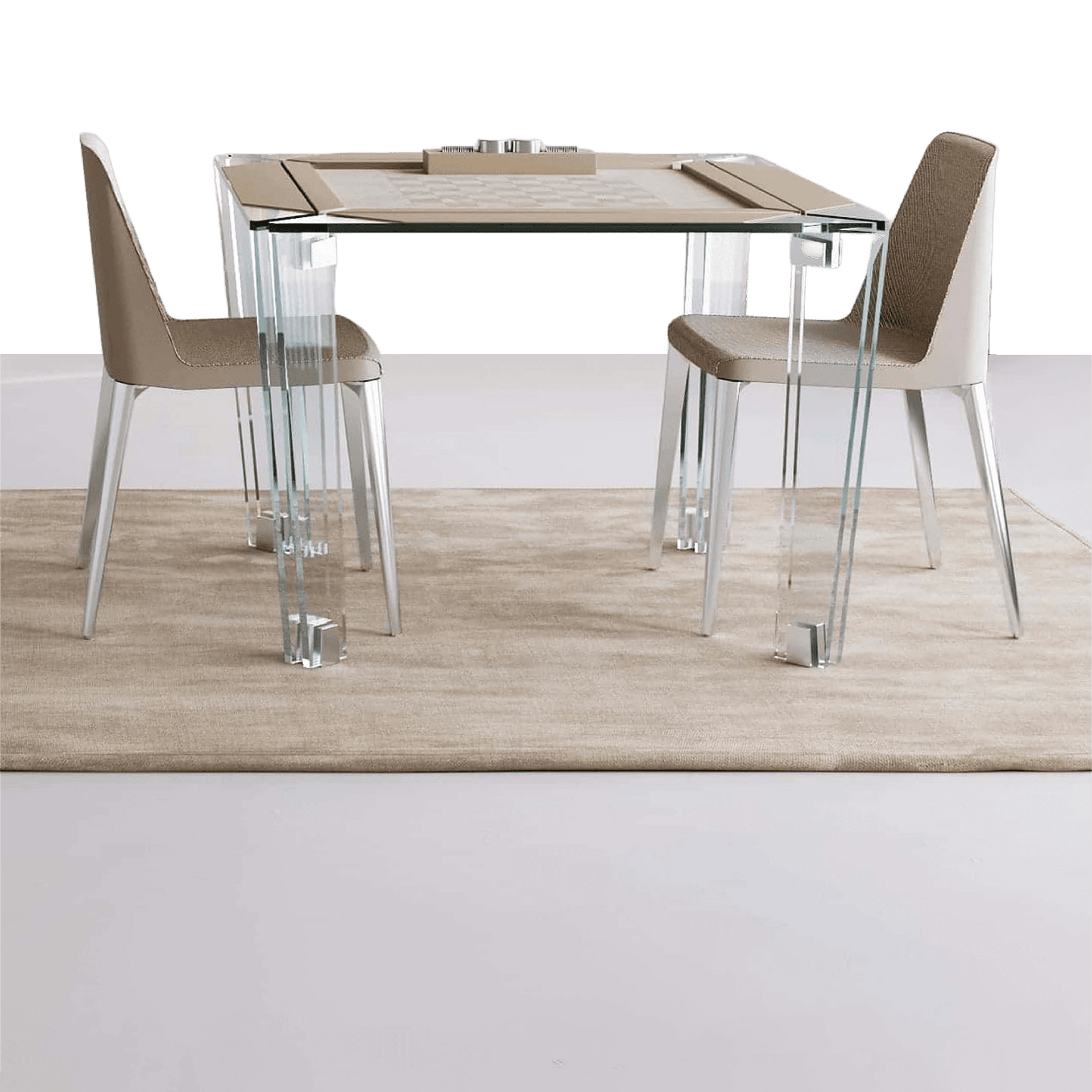 Elegant glass dining table with contemporary chairs, perfect for stylish home interiors in 2025.