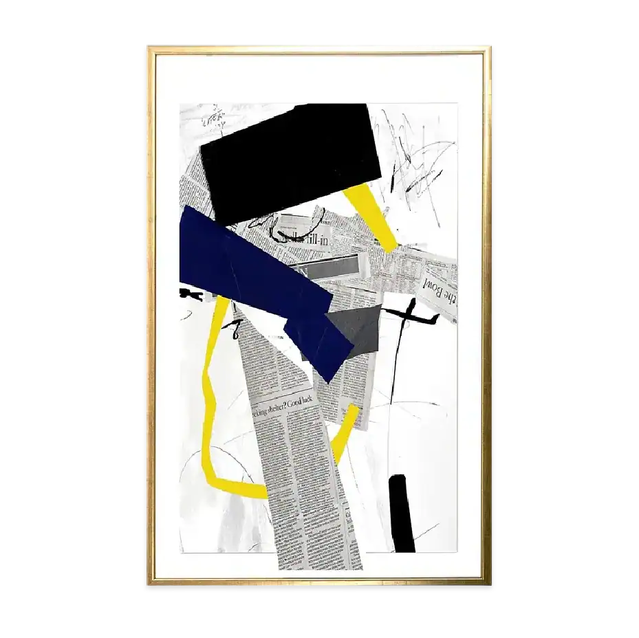 An abstract collage artwork in a gold frame, featuring layered newspaper text, black, dark blue, and yellow geometric shapes, and black scribbled lines on a white background.