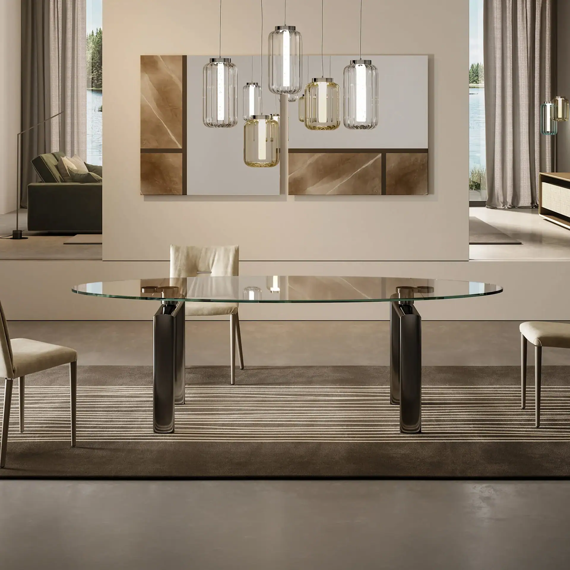 Elegant glass dining table with black legs in contemporary living space.
