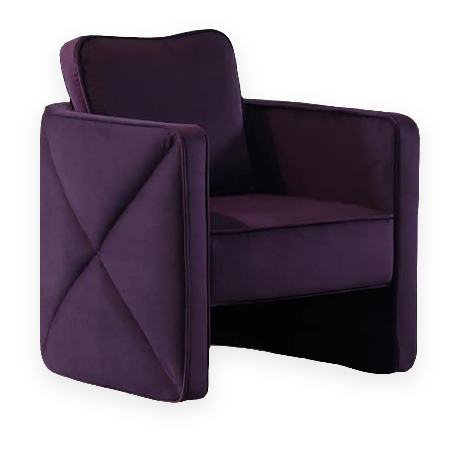 Elegant purple armchair with sleek design and plush upholstery.