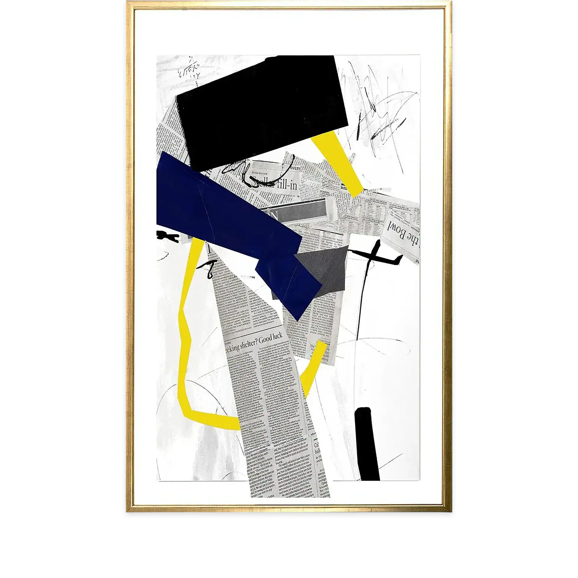 Abstract art piece with black, blue, yellow, and newspaper collage elements.