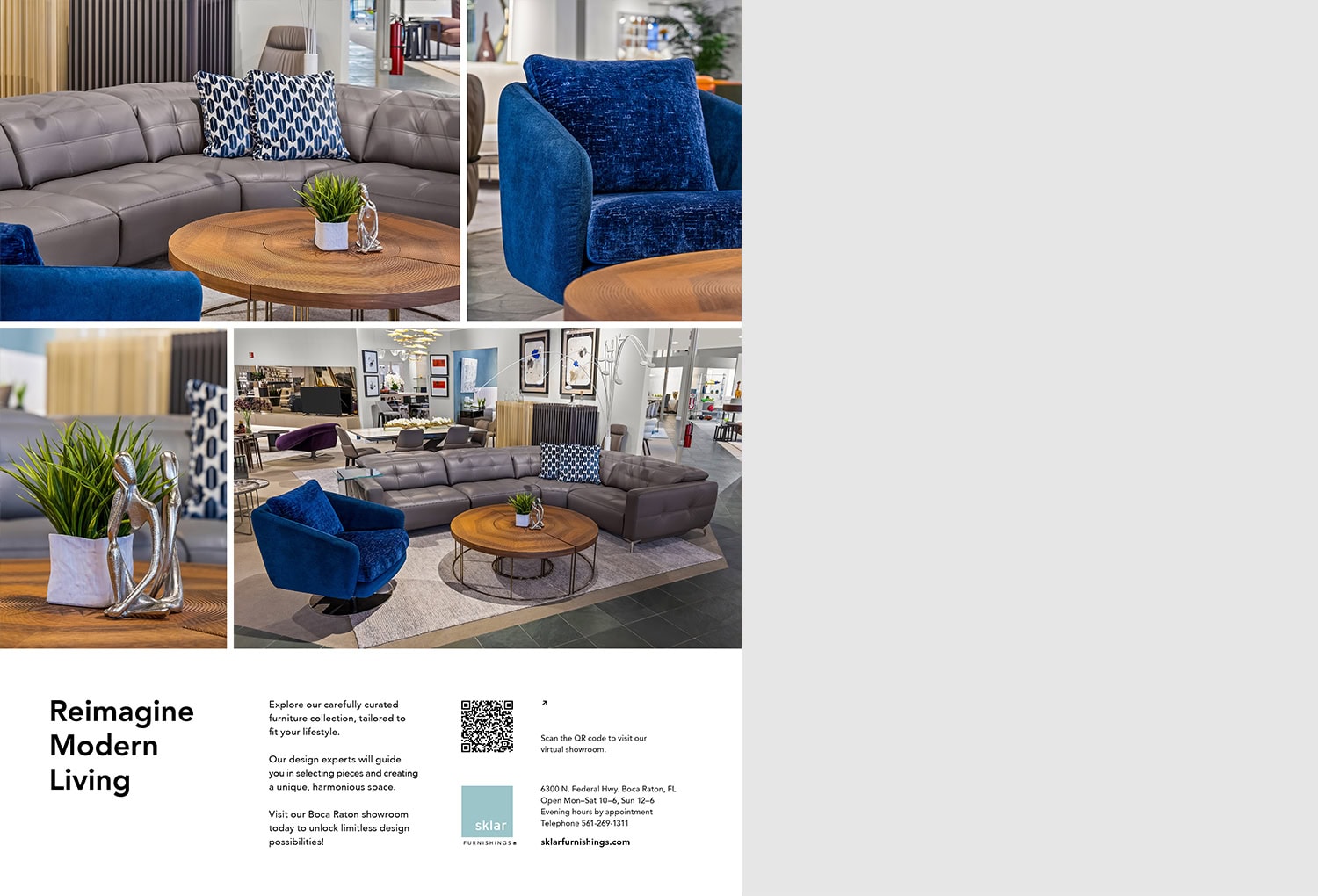 Elegant blue velvet and gray leather sofas at Sklar Furnishings showroom.
