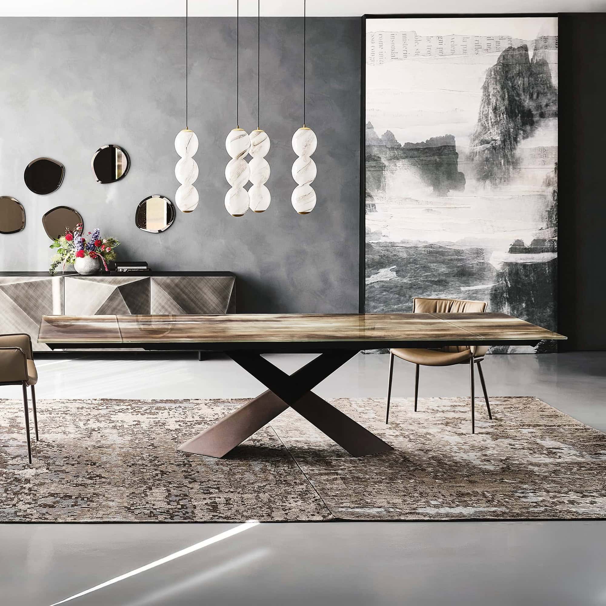 Elegant modern dining room with a wooden table, stylish chairs, and contemporary decor by Sklar Furnishings.