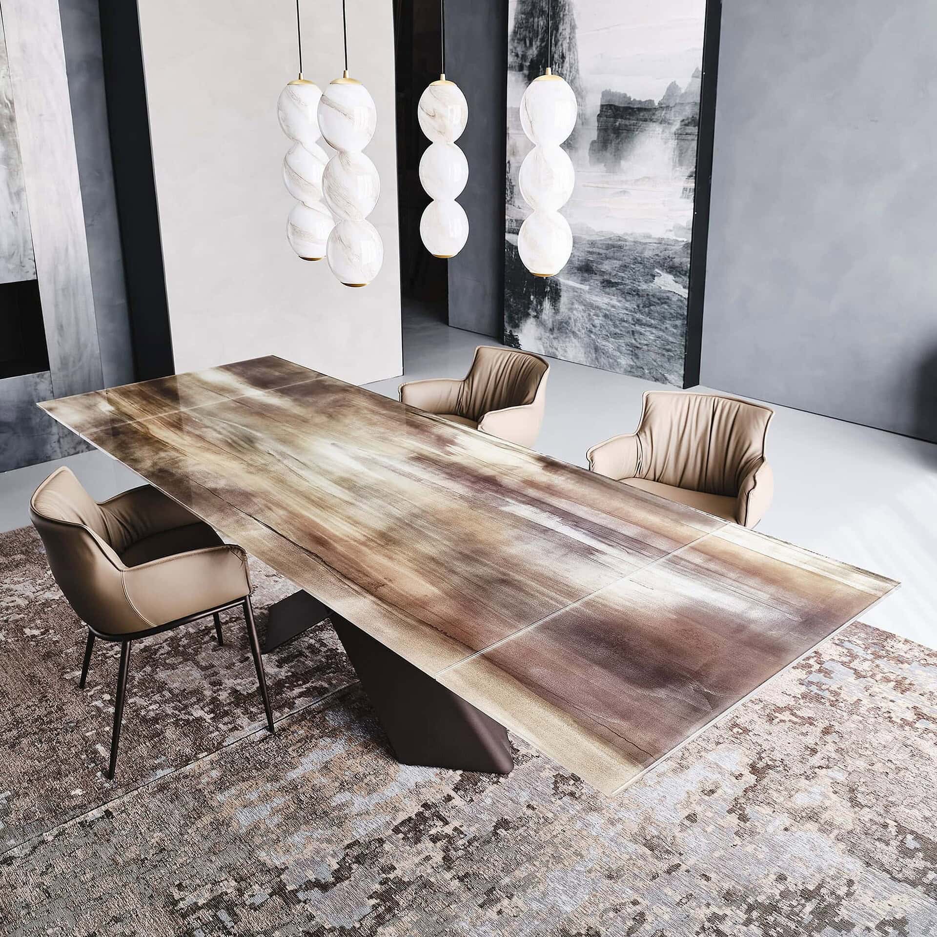 Contemporary wooden conference table with beige leather chairs in modern office setting.