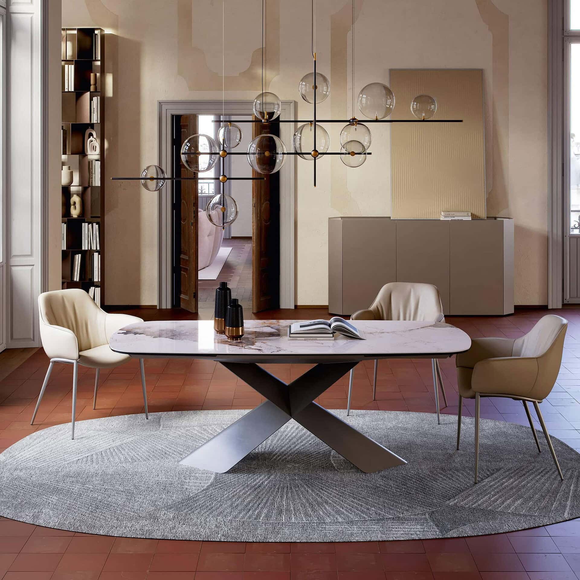 Luxe dining room with modern marble table and stylish chairs, perfect for elegant gatherings.