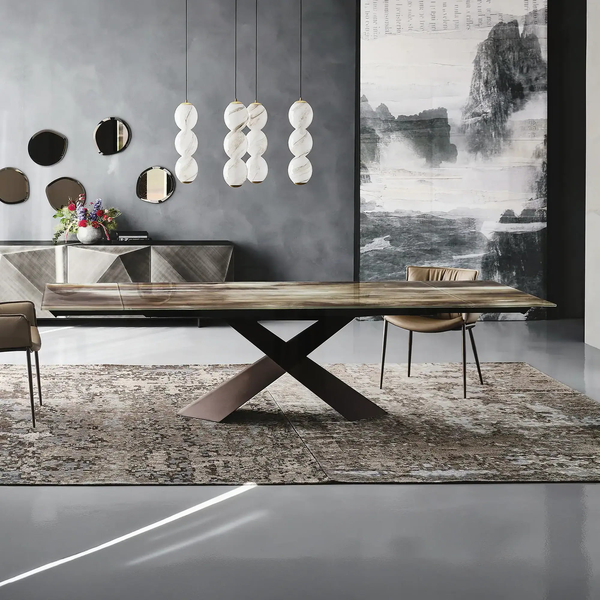 Sklar Furnishings Tyron Drive extendable dining table in modern dining room.