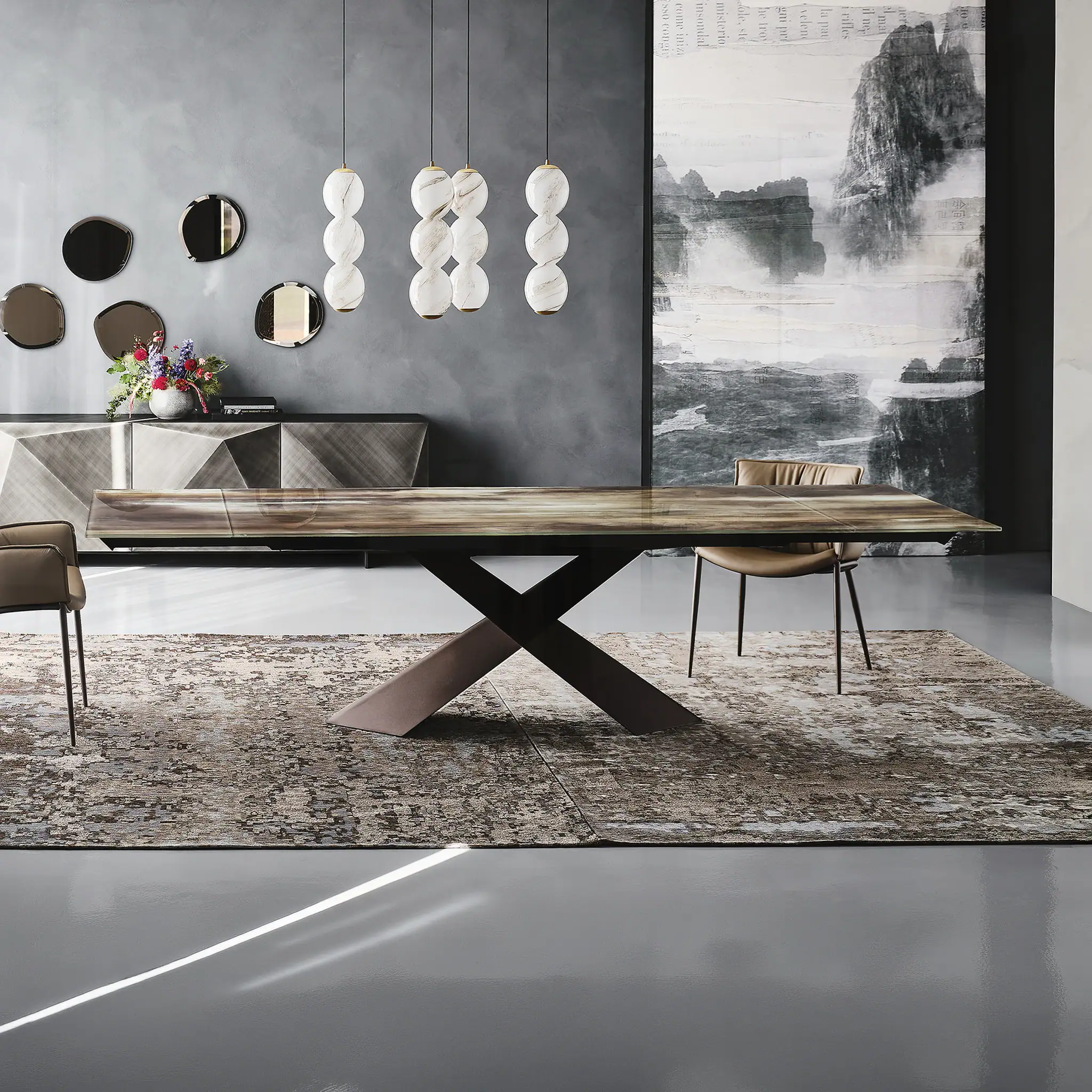 Modern dining room with Tyron Drive extending table and contemporary decor.