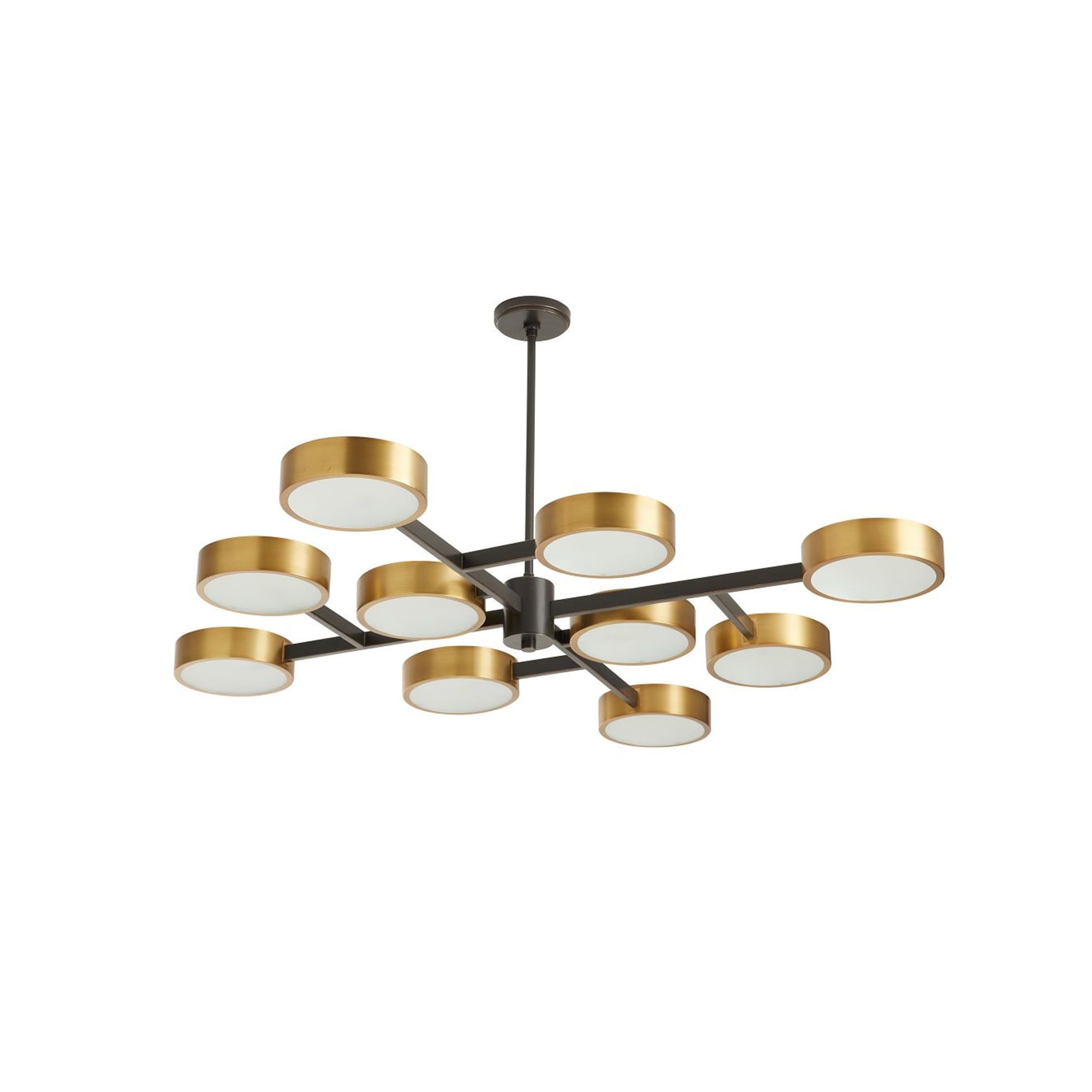 Modern LED chandelier with brass accents for stylish lighting.