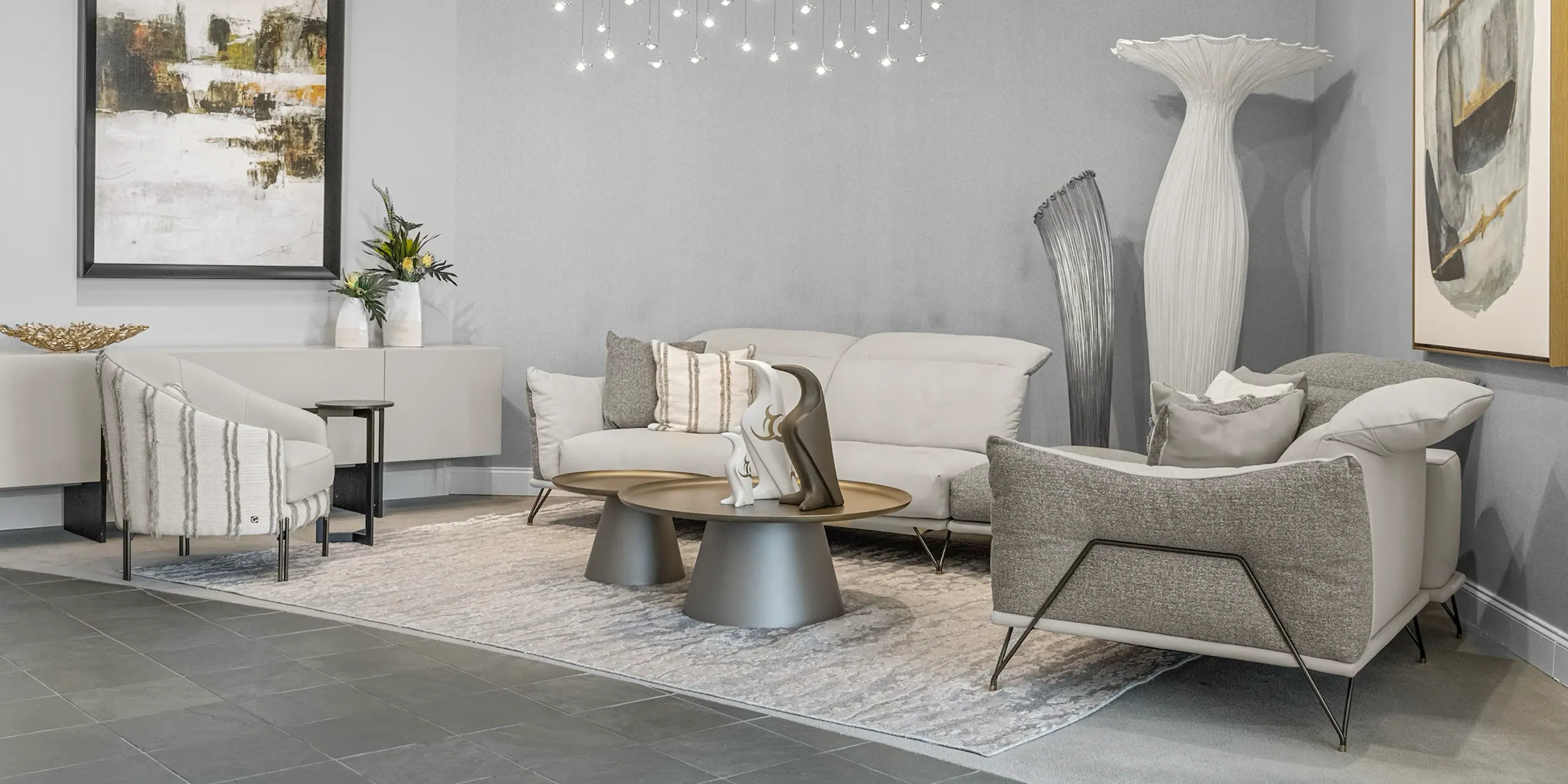 showroom-vignette-apr-25-living-room-3 Elegant modern living room furniture with neutral tones and stylish decor from Sklar Furnishings.