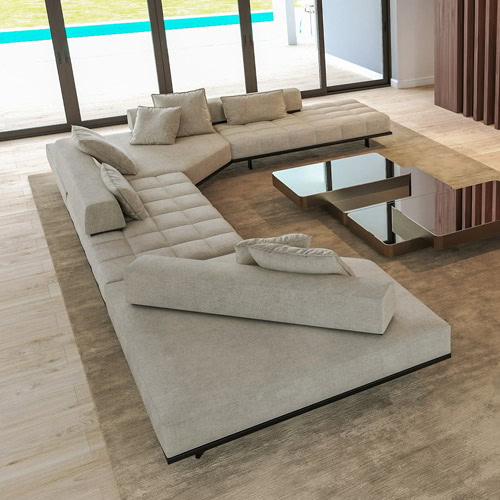 Elegant modern living room with customizable sofas and stylish furniture from Sklar Furnishings.