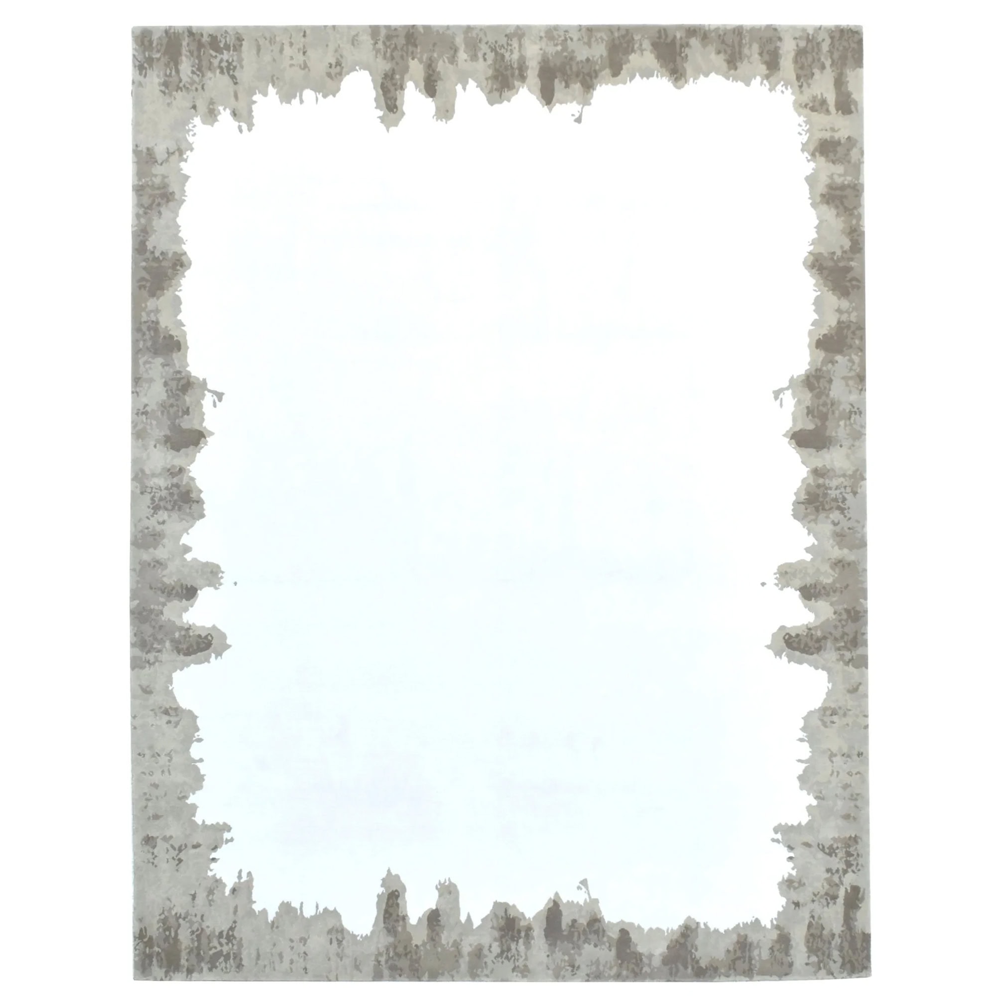 Modern gray and beige area rug with distressed edge design, perfect for contemporary living spaces.