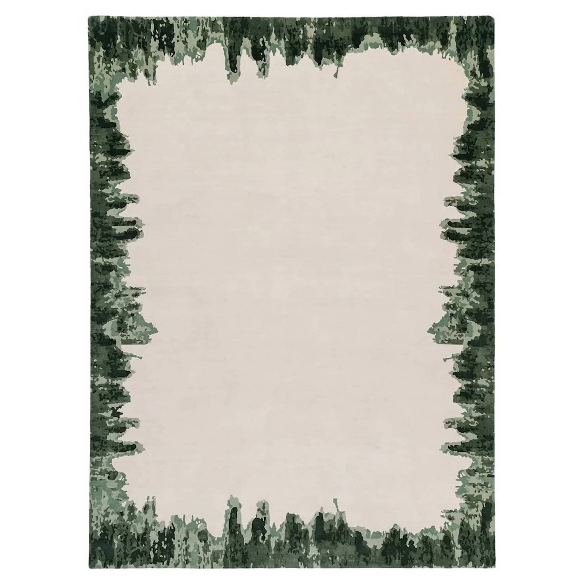 Lush green and off-white area rug with botanical border design for modern living spaces.