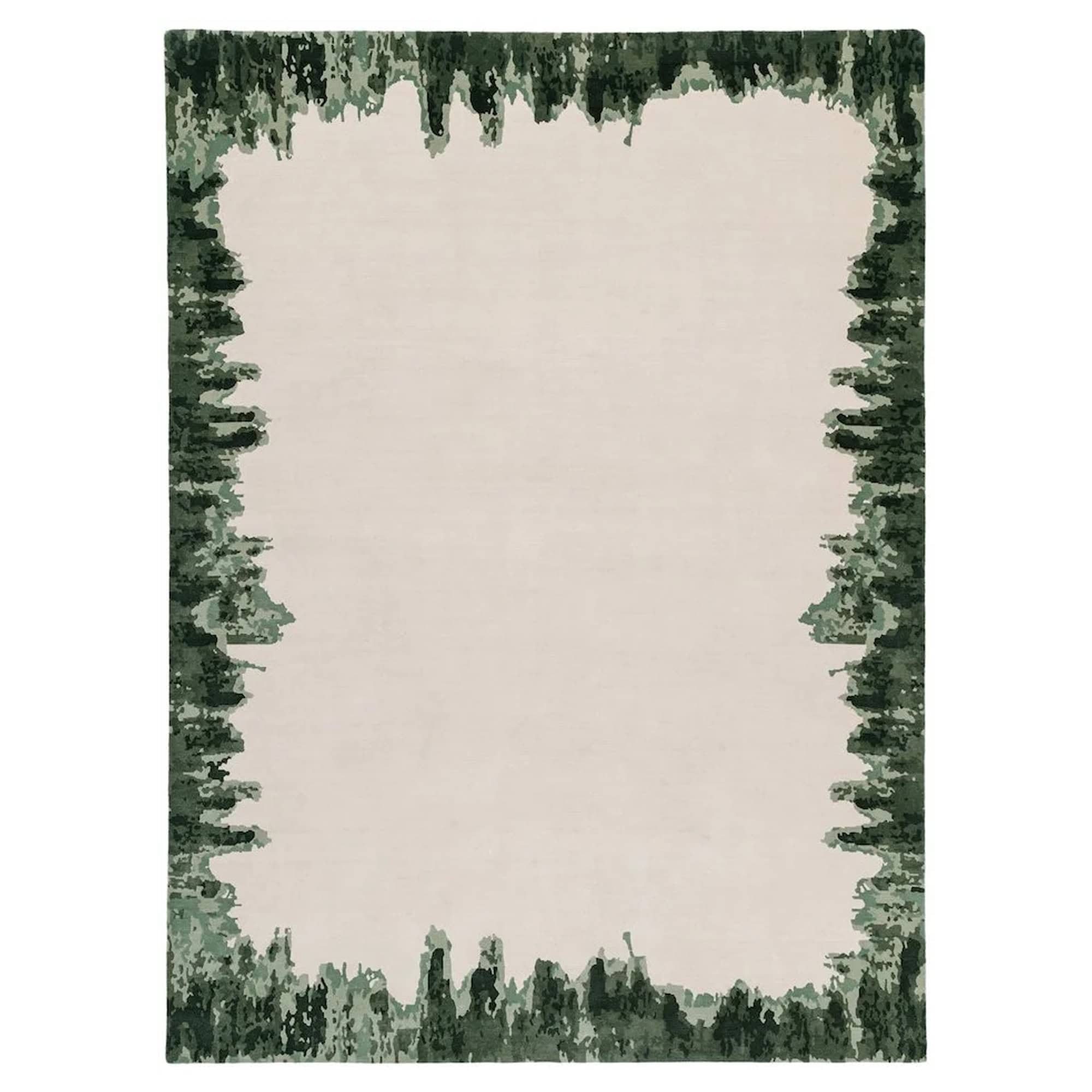 Lush green and off-white area rug with botanical border design for modern living spaces.