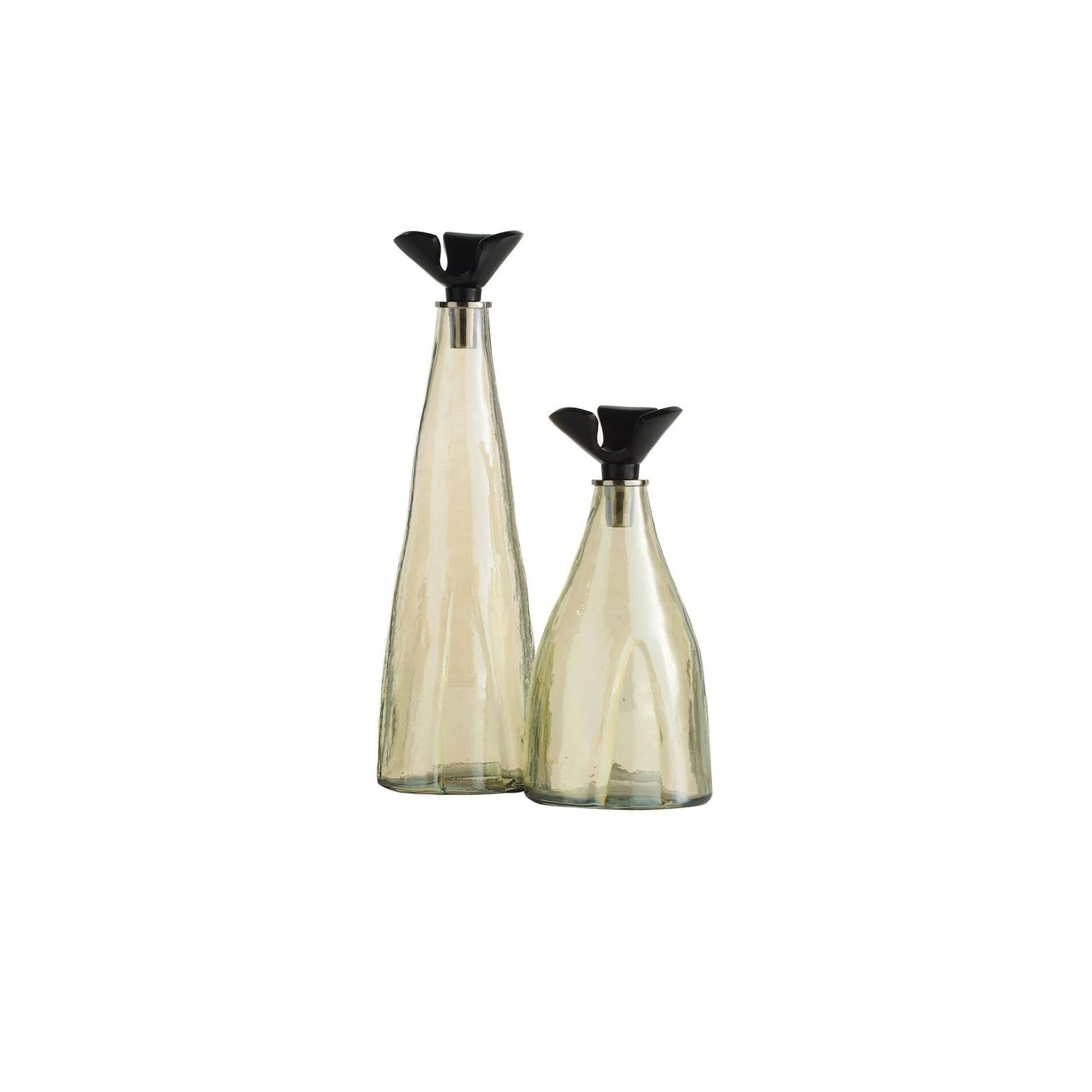 Elegant glass vases with black floral tops for stylish home decor.