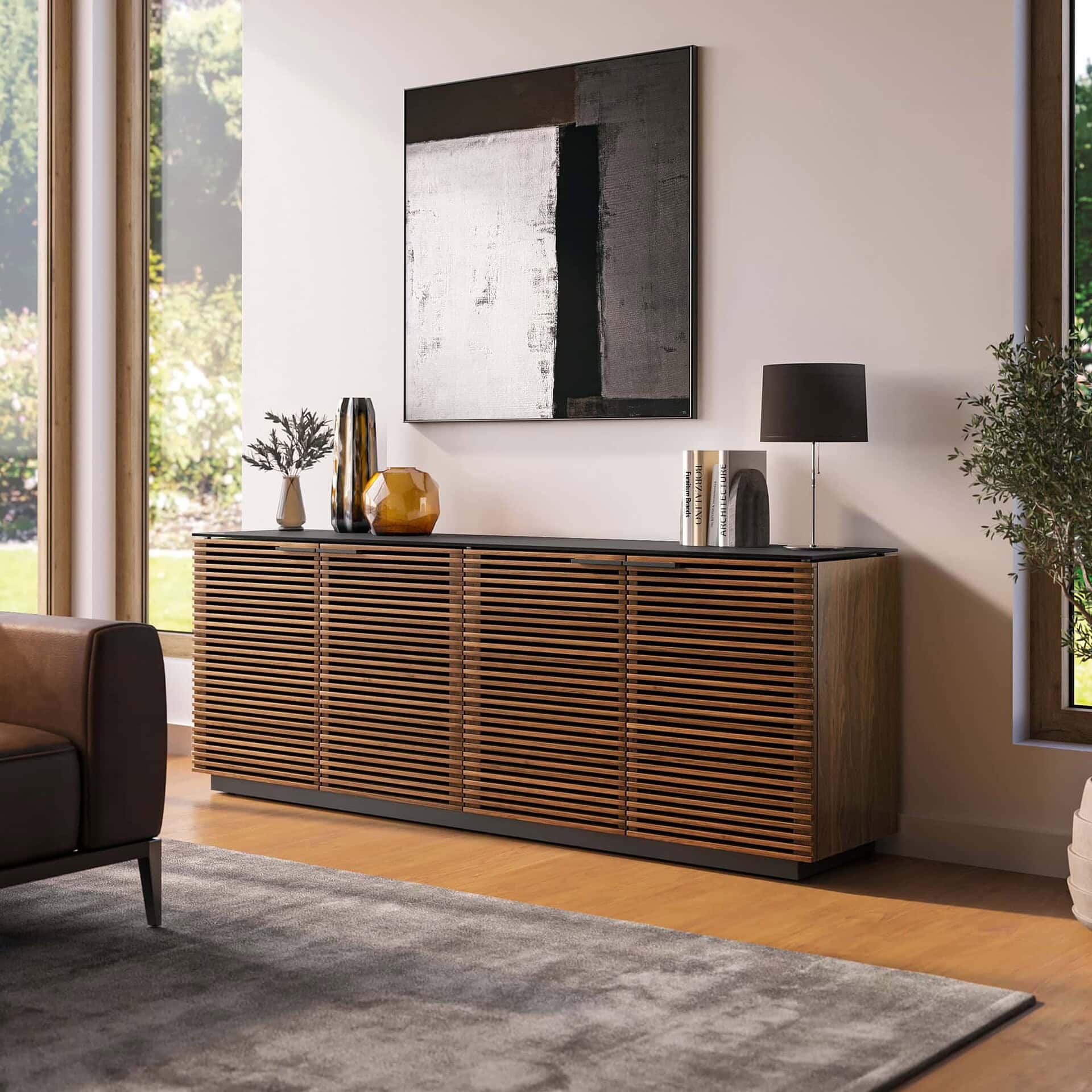 Stylish wooden sideboard with slatted design in modern interior decor.