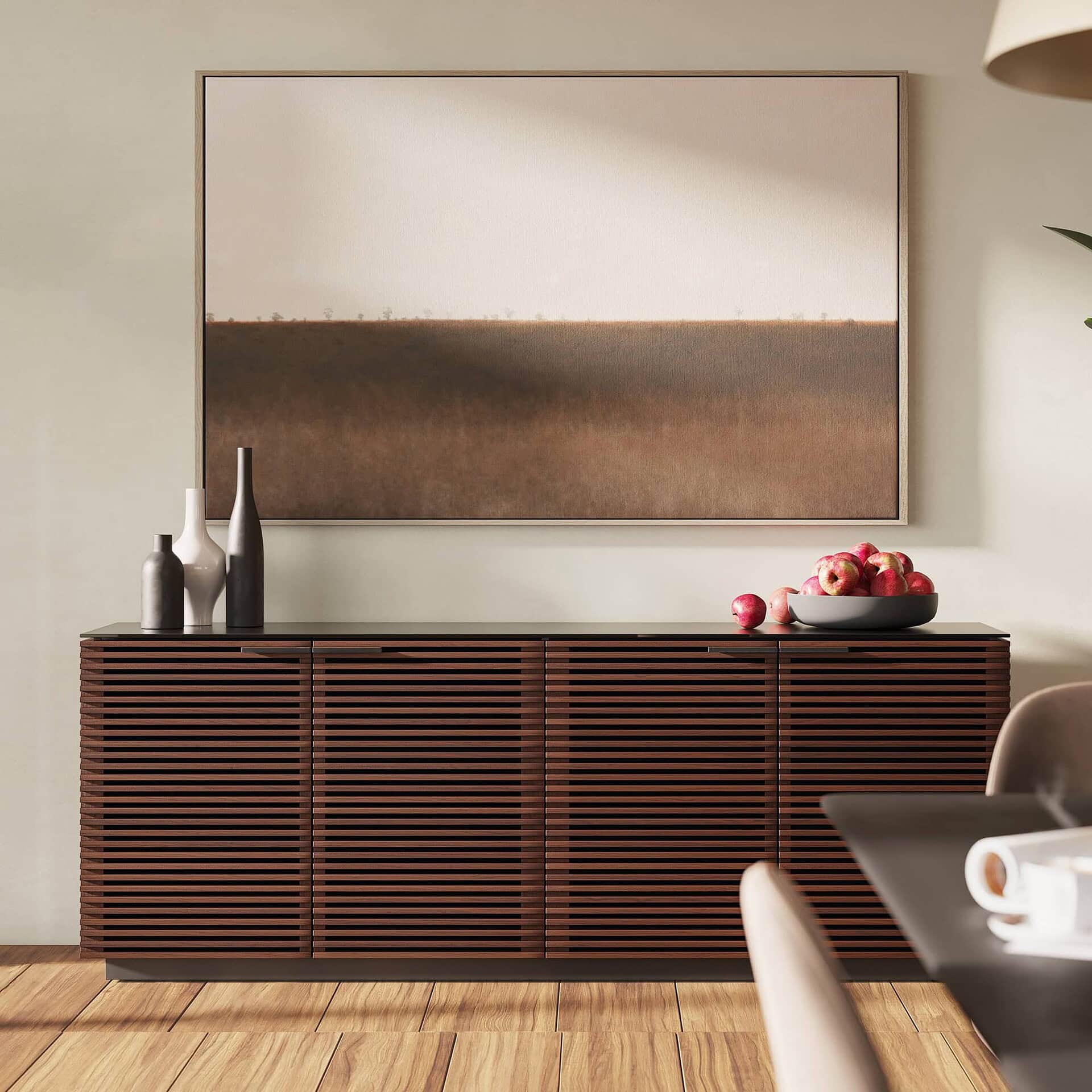 Contemporary wooden sideboard with slatted design in a modern living room setting.