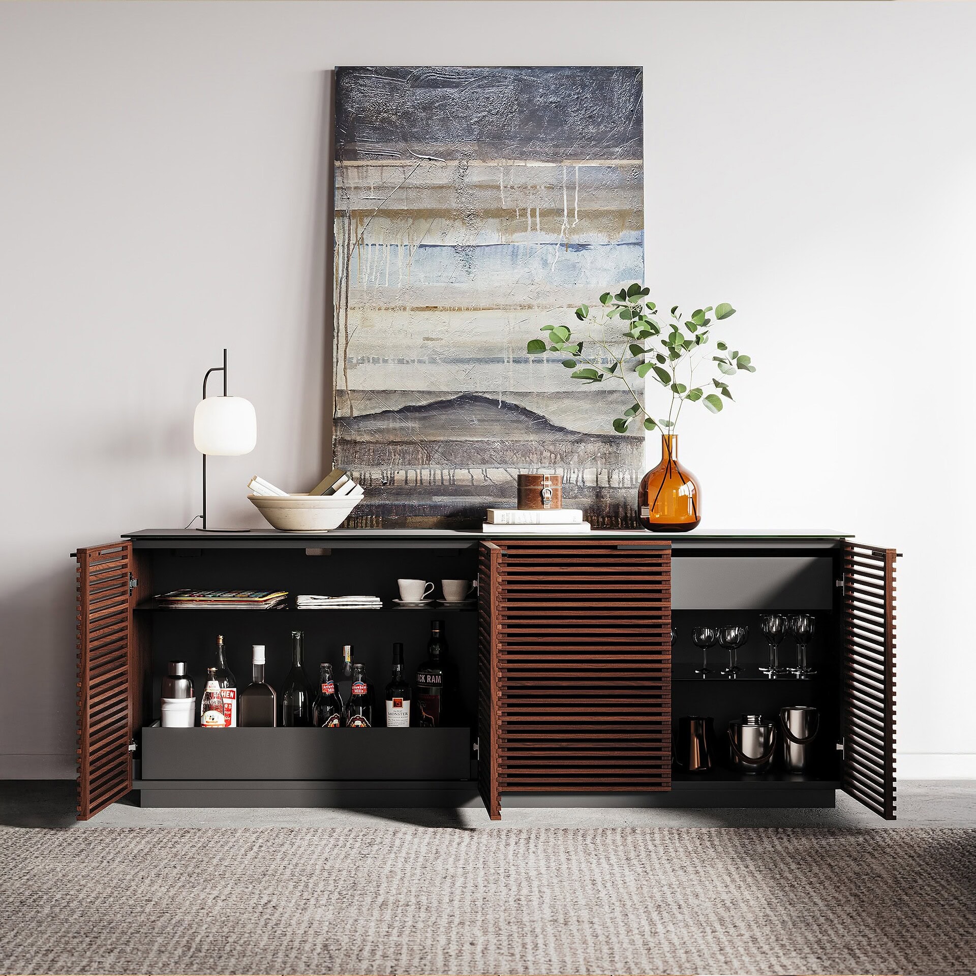 1. Modern bar cabinet with wooden slatted doors and sleek black finish for sophisticated home entertaining.