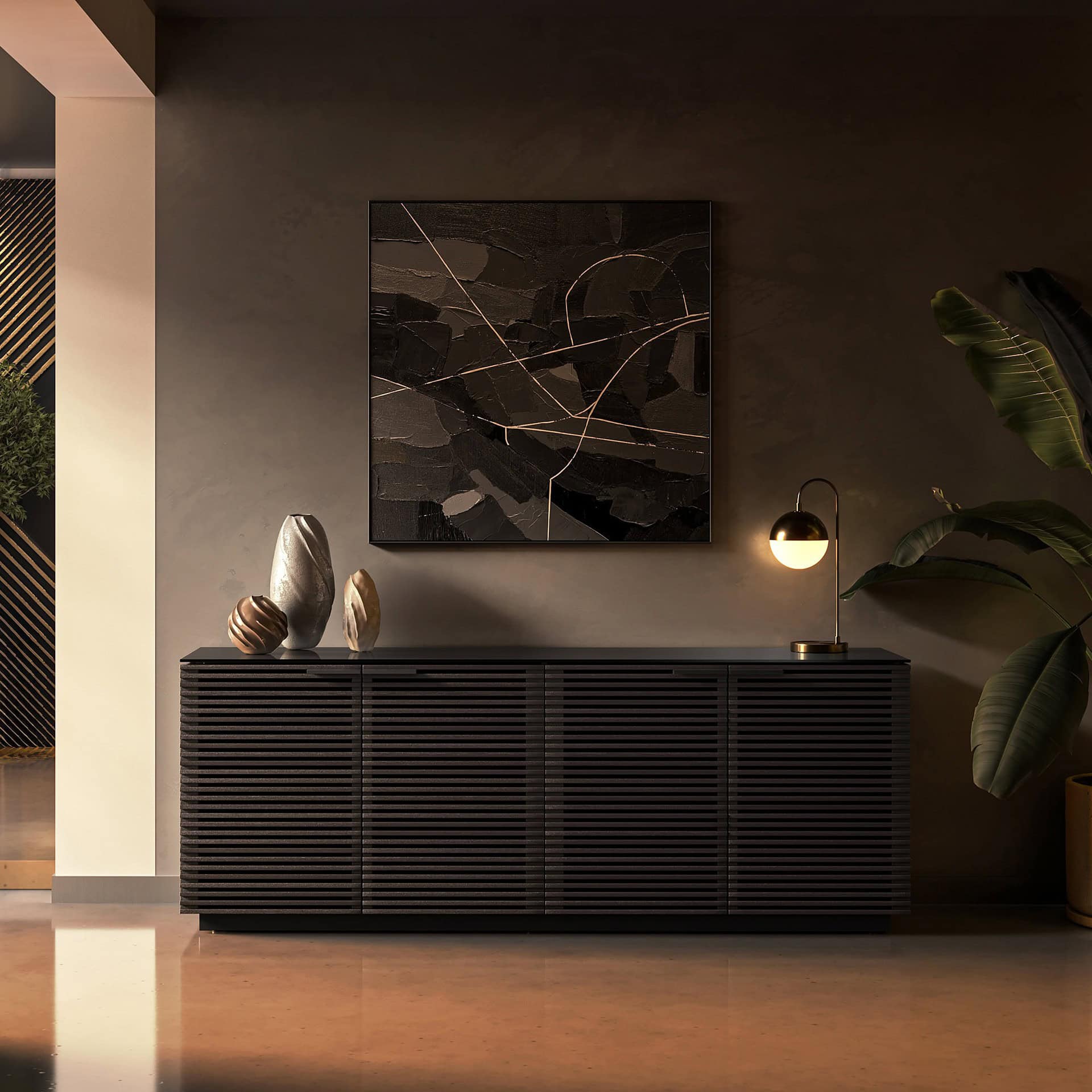 Elegant black modern console table with decorative vases and sleek table lamp in stylish living room.