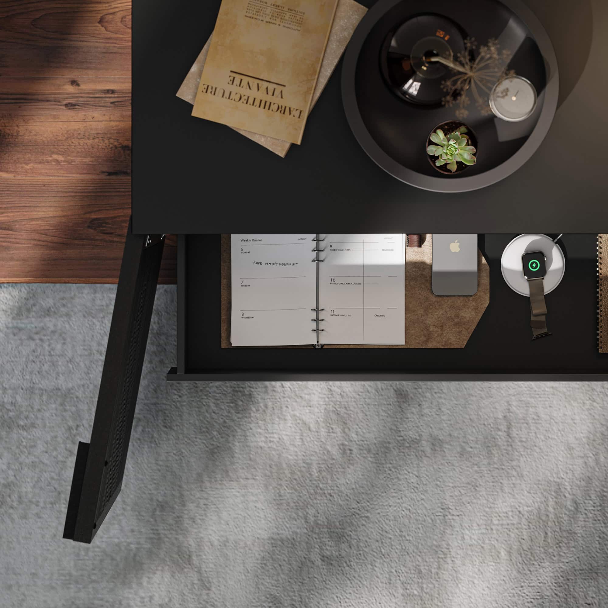 Sleek black desk with organized workspace, modern home furniture, and tech accessories.
