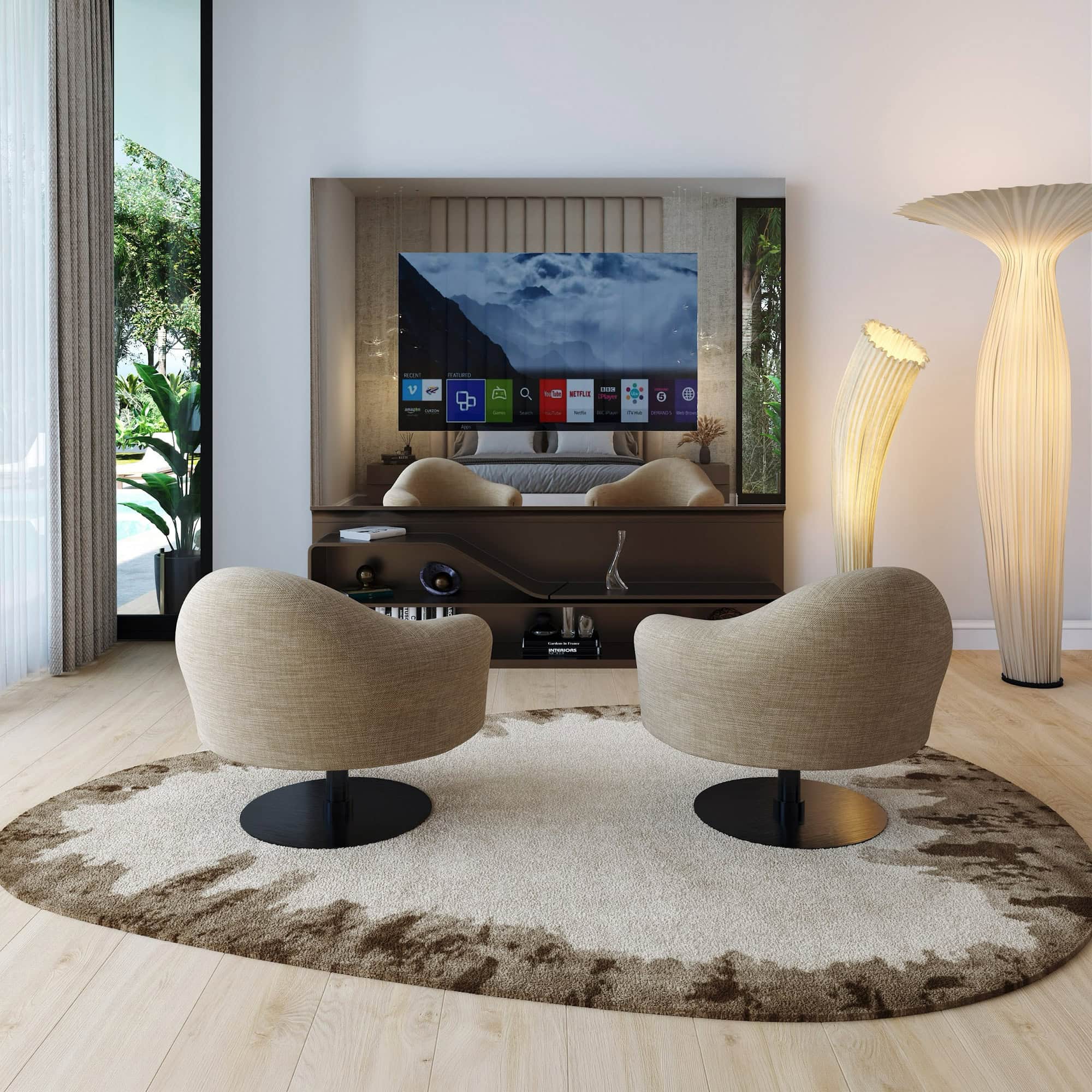 case-study-Palm-Beach-Gardens-bedroom-lounge-1.1 Modern living room with TV, beige chairs, stylish decor, and natural light, showcasing Sklar Furnishings' contemporary furniture.