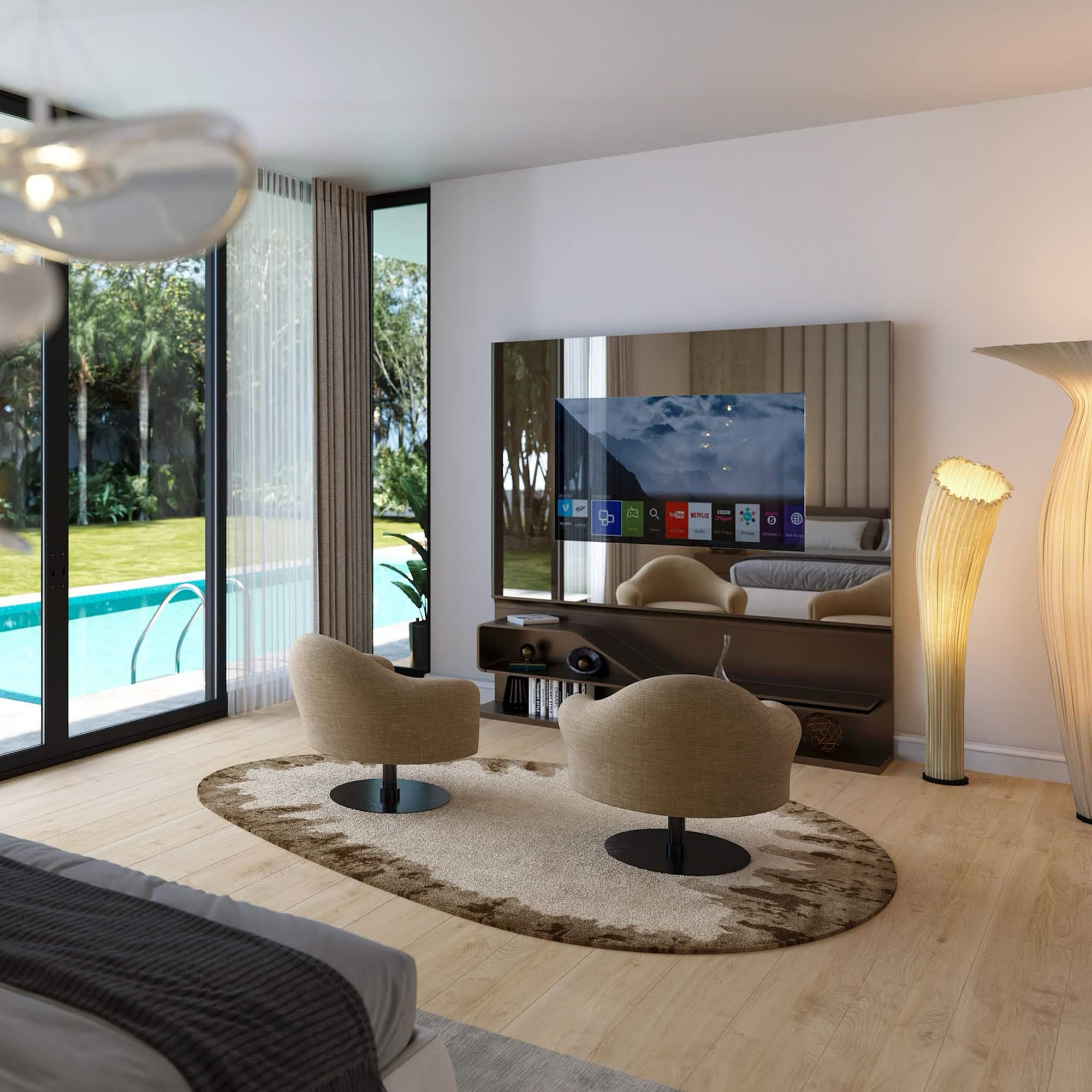 case-study-Palm-Beach-Gardens-bedroom-lounge-2.1 Contemporary living room with modern furniture, large windows, and a view of the outdoor pool.