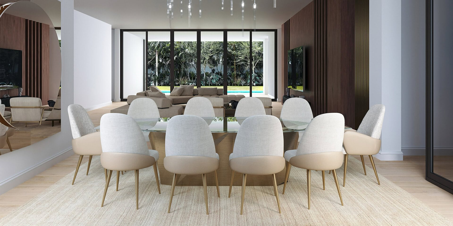 Modern dining room with elegant seating and contemporary design, perfect for family gatherings.