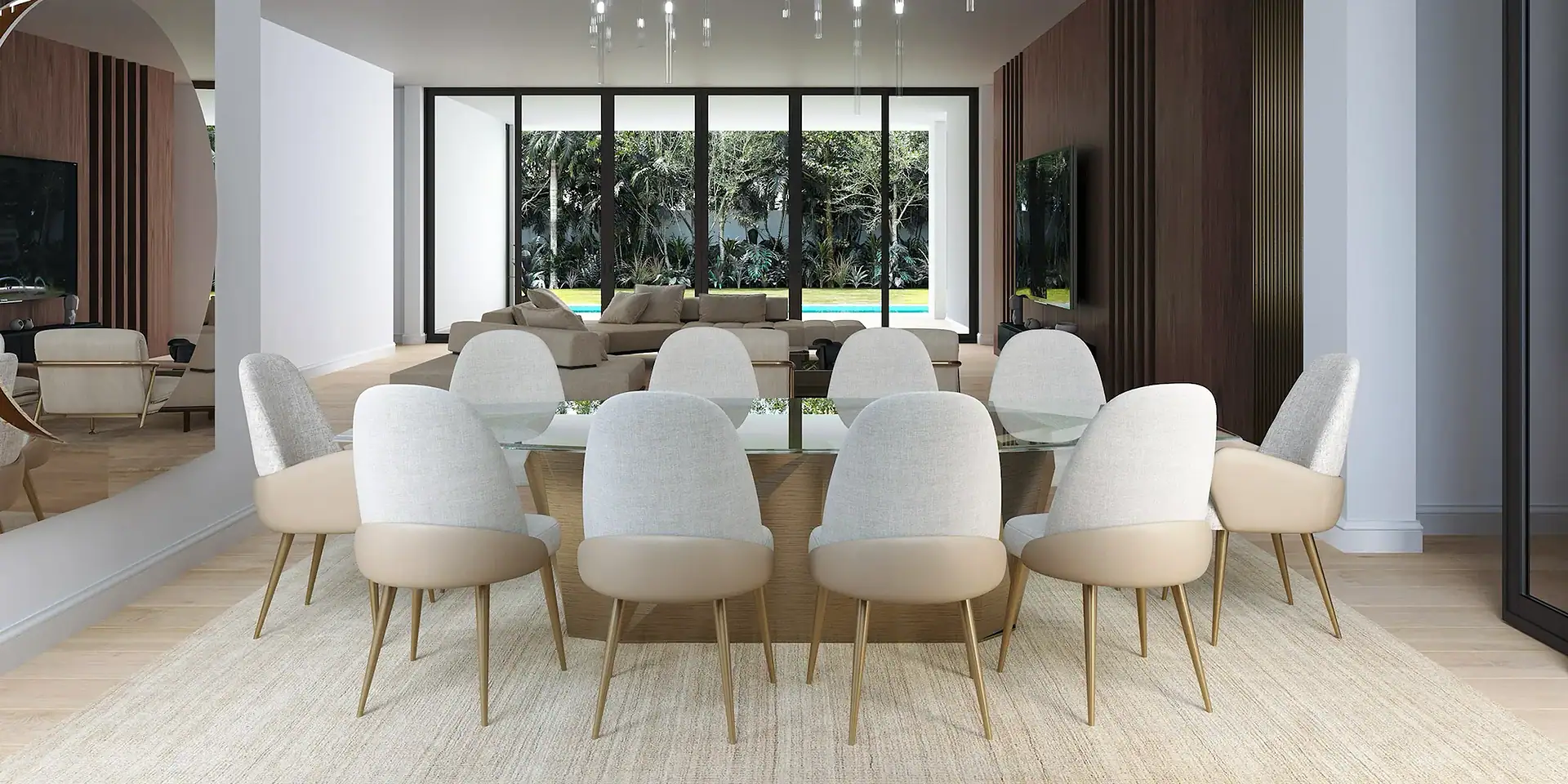 Modern dining room with elegant seating and contemporary design, perfect for family gatherings.