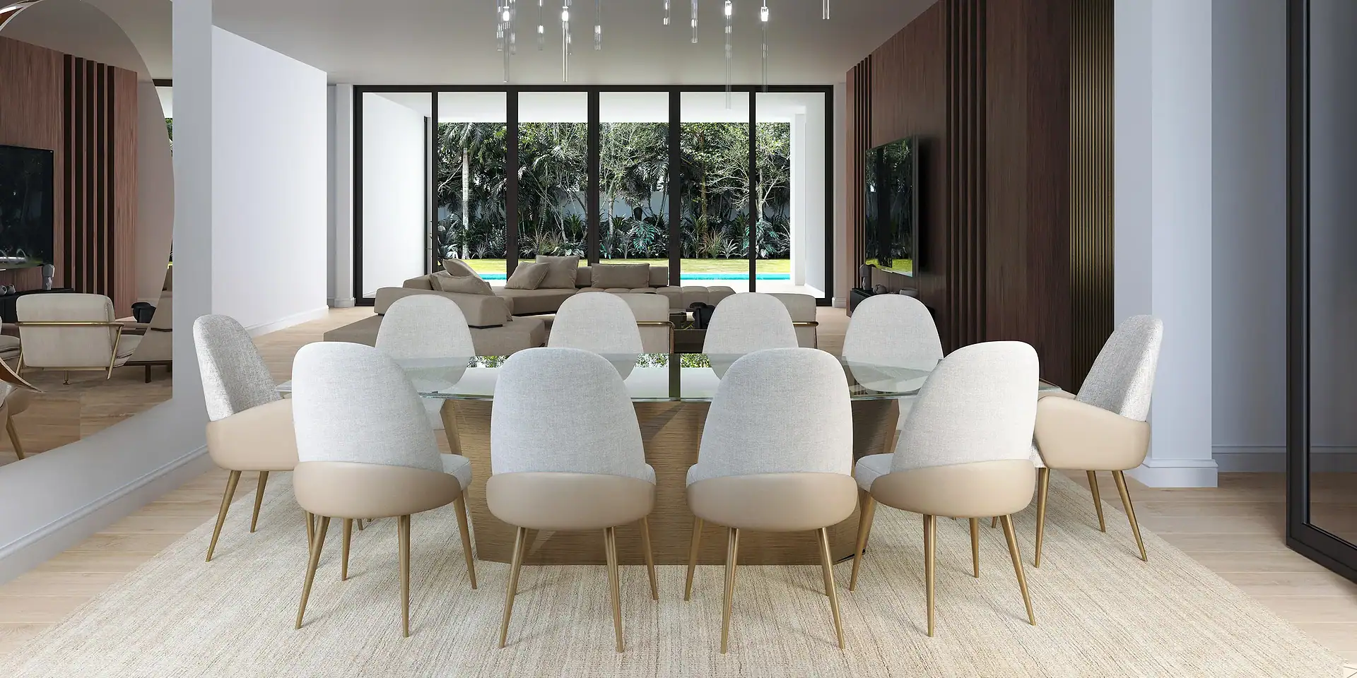 Modern dining room with elegant seating and contemporary design, perfect for family gatherings.