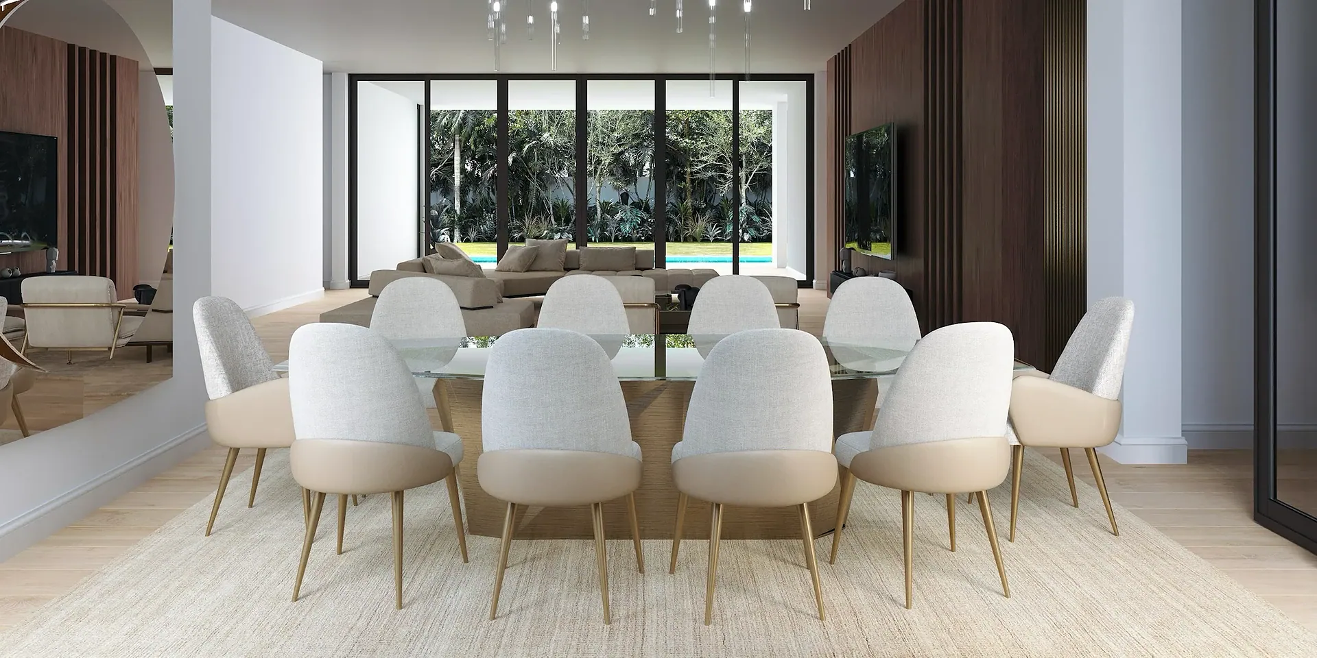 Modern dining room with elegant seating and contemporary design, perfect for family gatherings.
