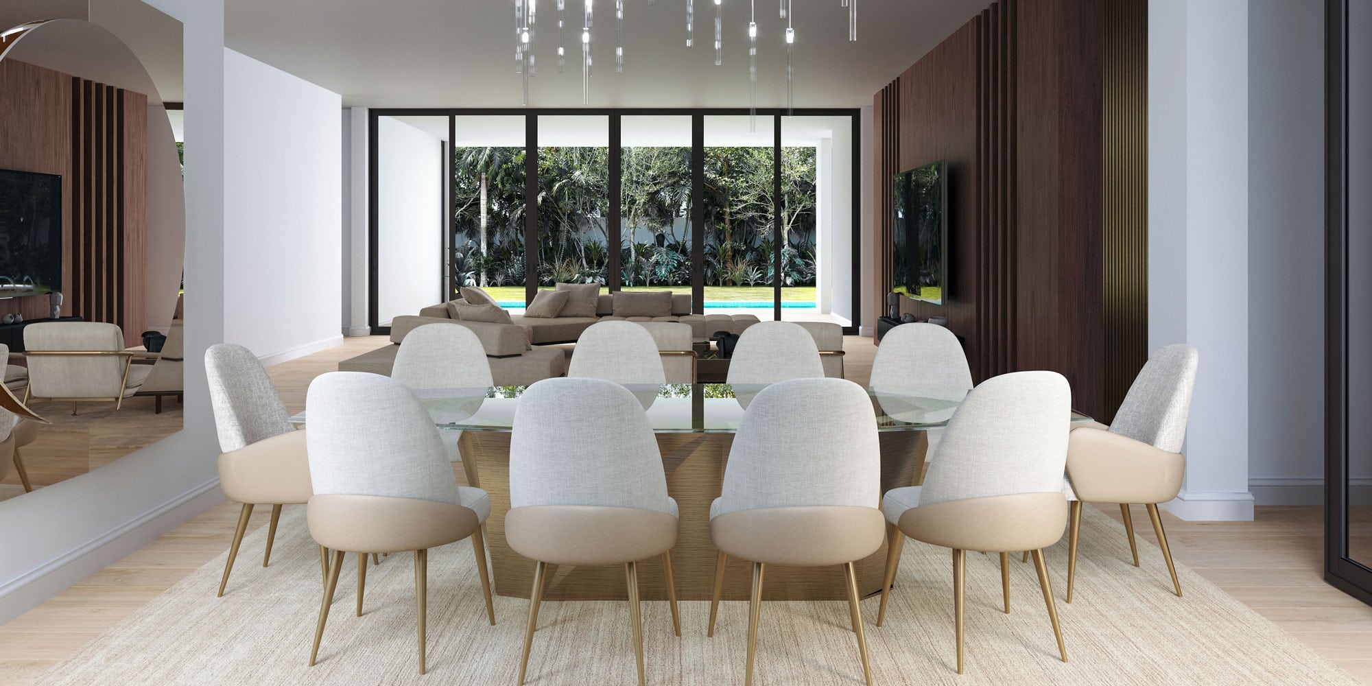 case-study-Palm-Beach-Gardens-dining-1 Modern dining room with elegant seating and contemporary design, perfect for family gatherings.