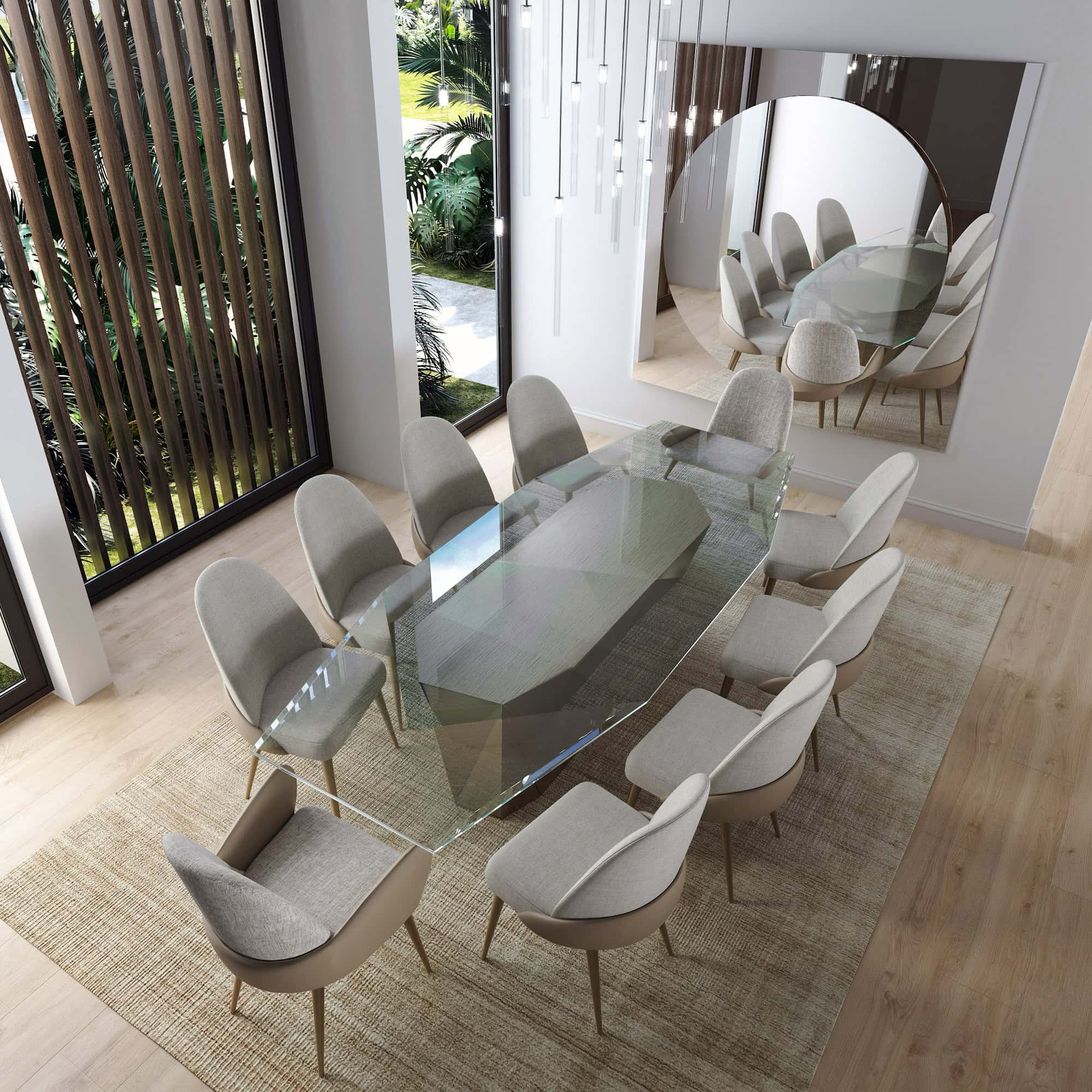 case-study-Palm-Beach-Gardens-dining-2.1 Sleek glass dining table with elegant upholstered chairs in a modern, stylish dining room scene.
