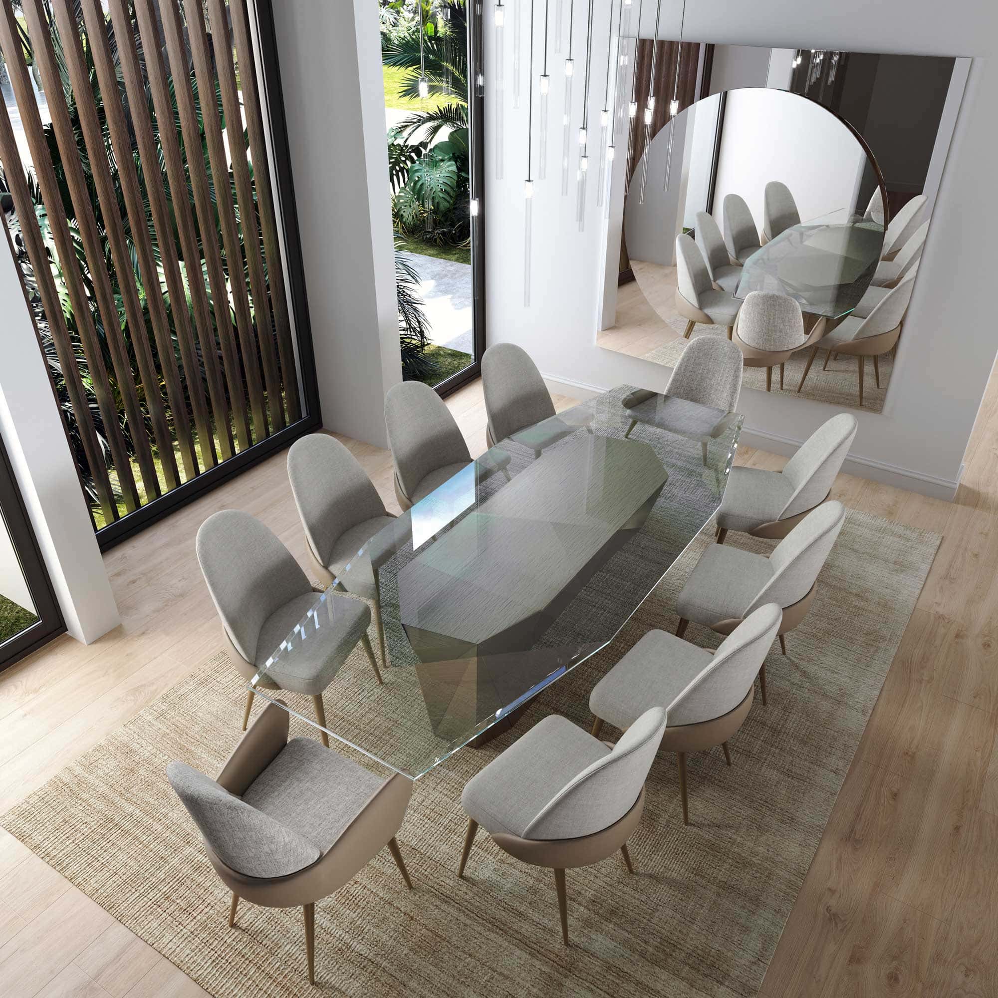 case-study-Palm-Beach-Gardens-dining-2 Sleek glass dining table with elegant upholstered chairs in a modern, stylish dining room scene.