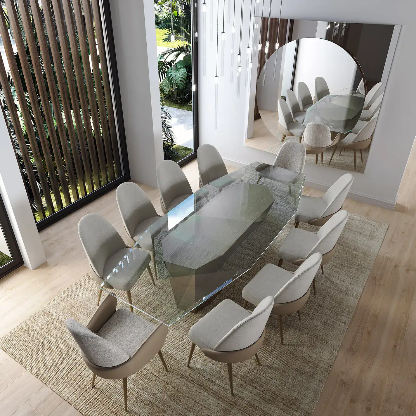 case-study-Palm-Beach-Gardens-dining-2 Sleek glass dining table with elegant upholstered chairs in a modern, stylish dining room scene.