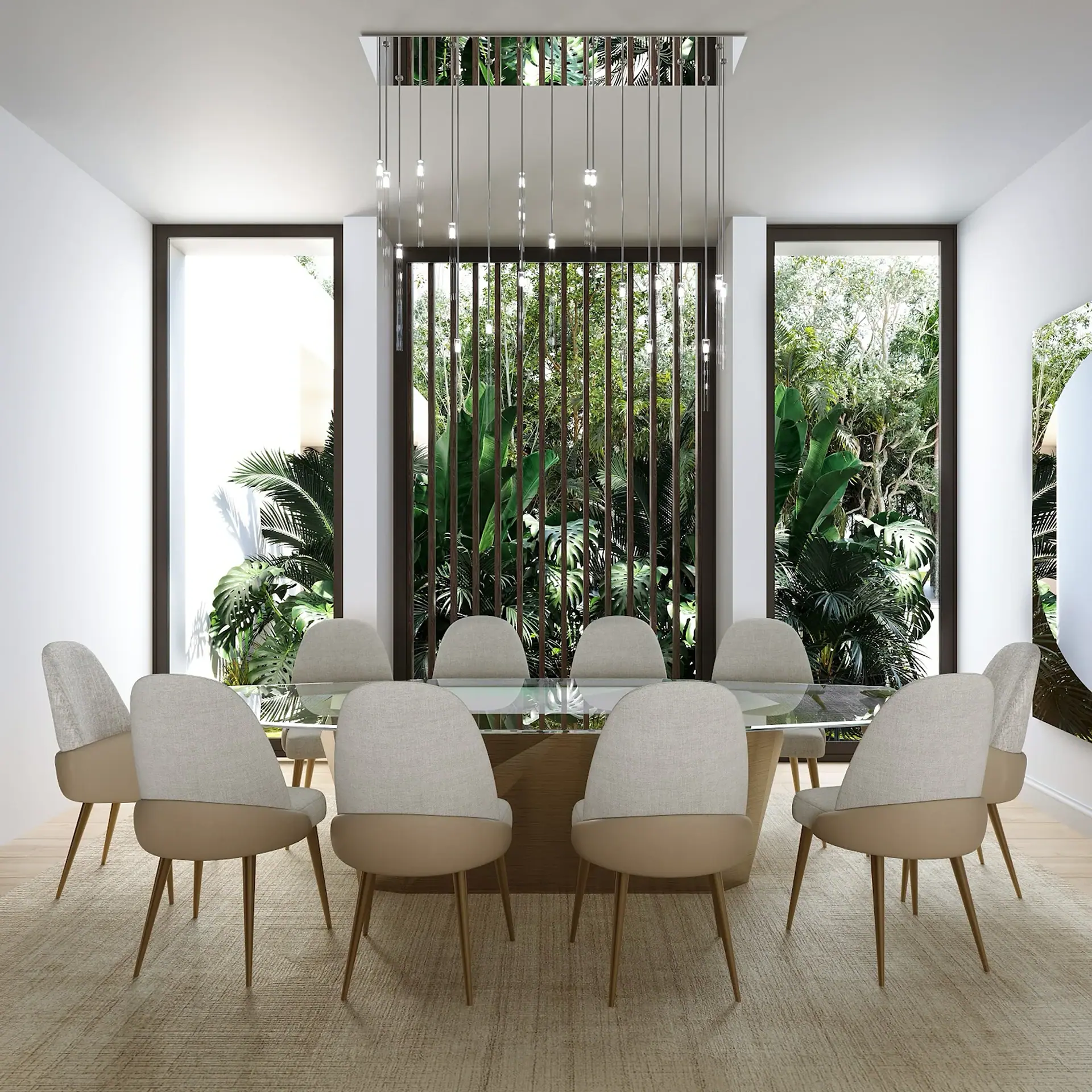 Modern dining room with tropical greenery view, stylish chairs, and contemporary design.